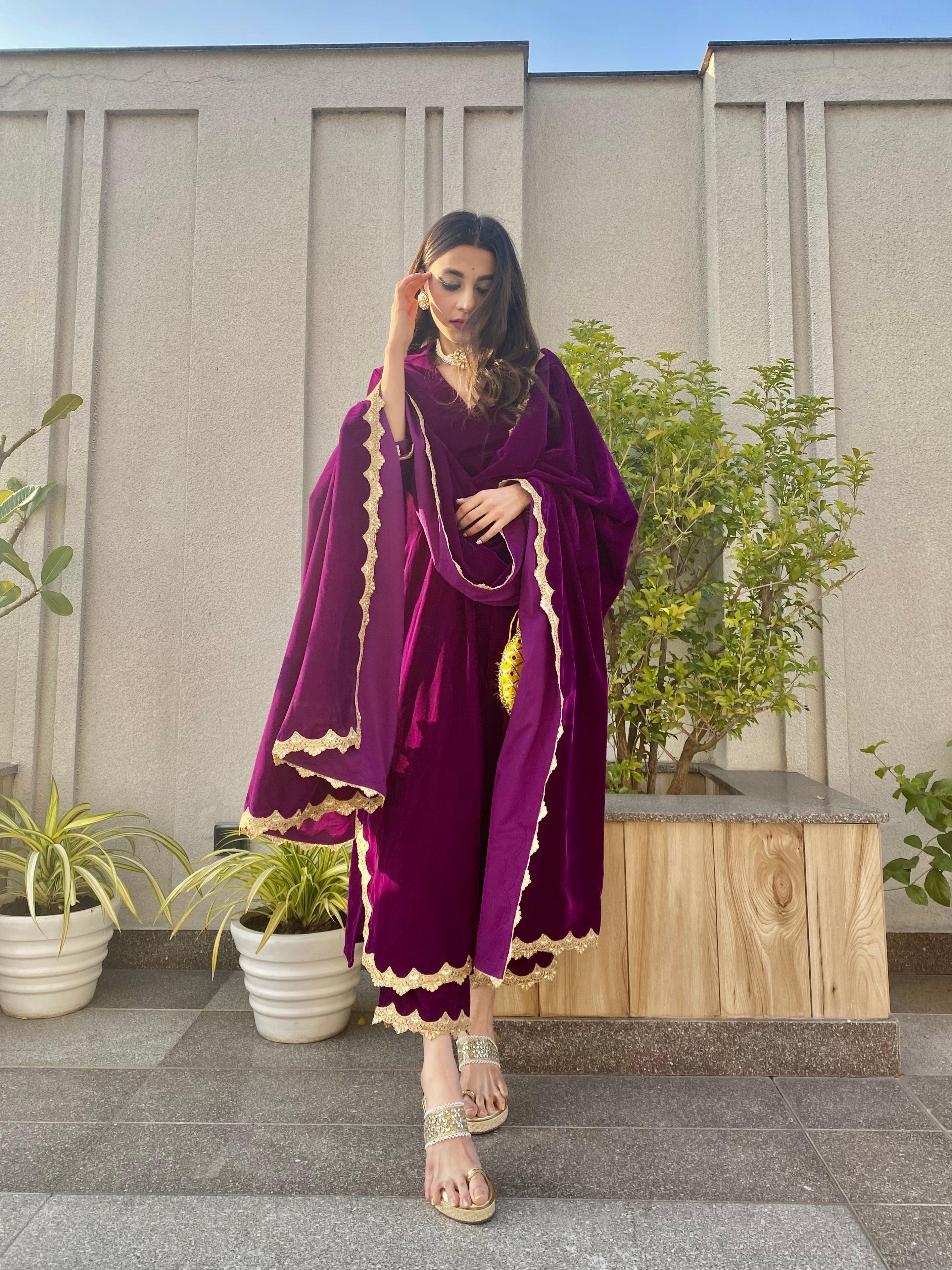 Wine Velvet Lace Kurta Pant Set | Relove - view 3