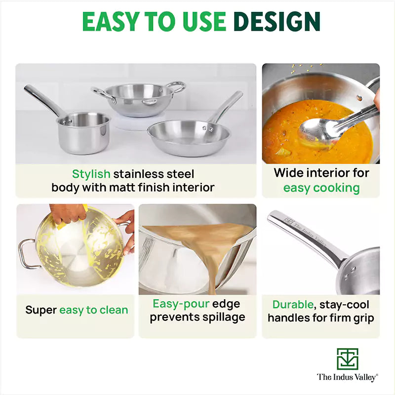 The Indus Valley TurboCuk Tri-ply Stainless Steel Cookware Set: 2.2L Kadai+ 1.4L Frypan+ 1.2L Tea/Milk pan, Premium Quality, 3 Layer Thick Body, 100% - view 9