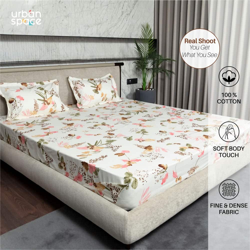 Urban Space -Home Furnishing Store Regal Collection - Breathable 200 TC 100% Pure Cotton Bedsheet with Pillow Cover, Cherry Blossom- Peach - view 3