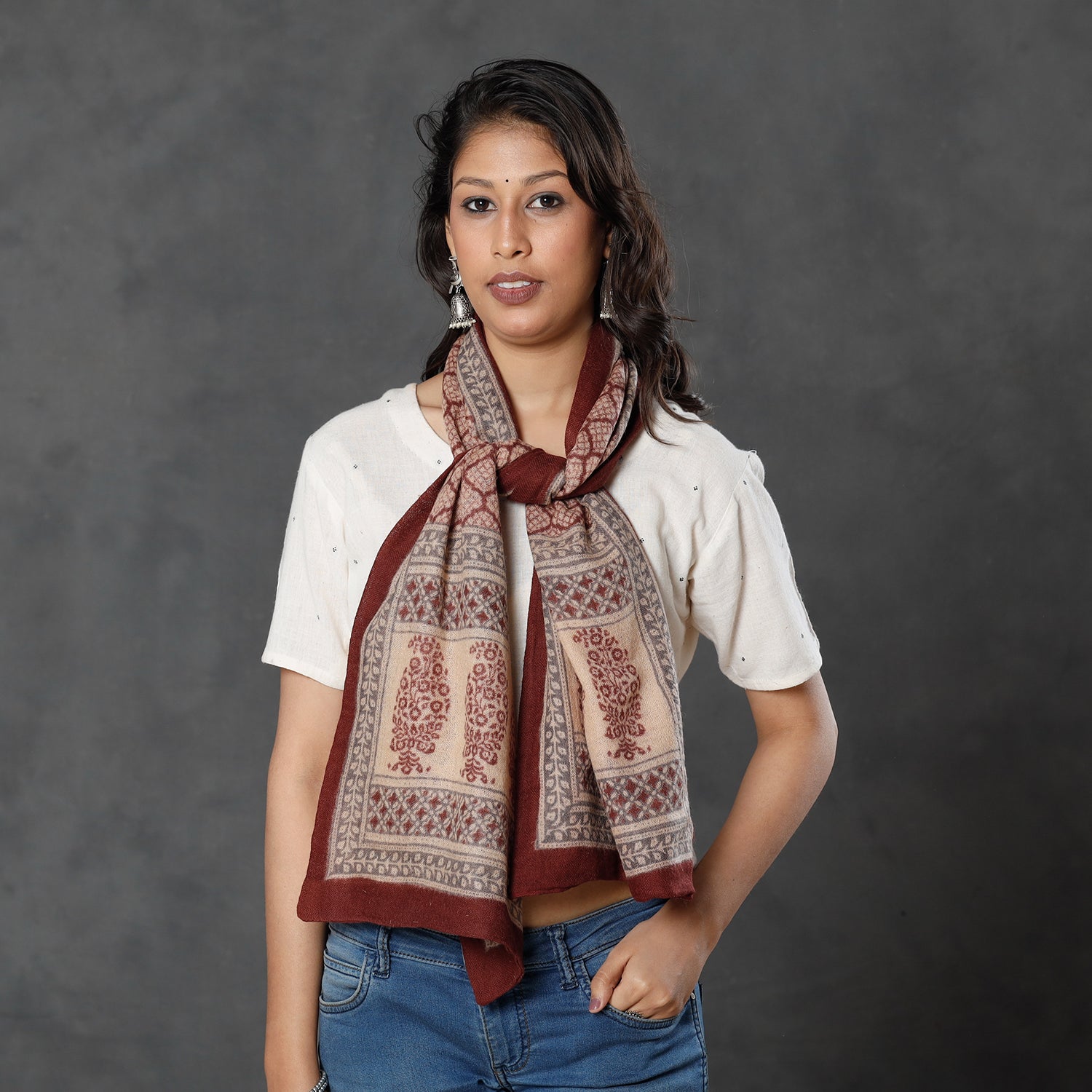 BAGH PRINTS BY MOHAMMED BILAL KHATRI Brown - Bagh Block Printed Natural Dyed Woolen Muffler (61 in) - view 2