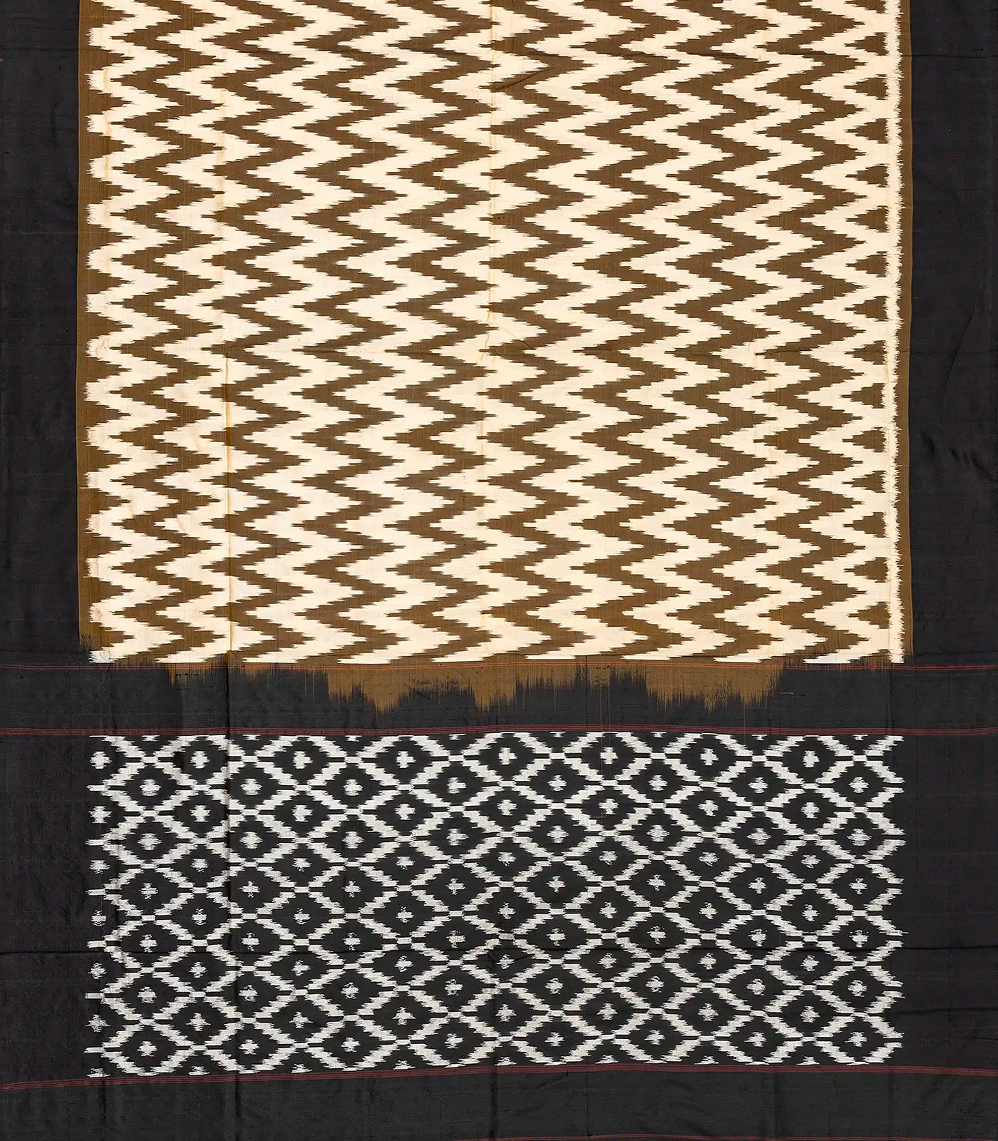 RmKV Dark Olive Handloom Ikat Silk Saree With White Chevron Motifs - view 2
