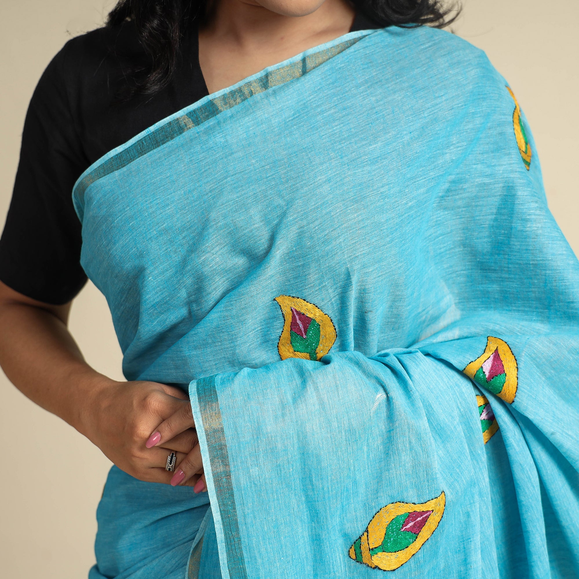 KHUSHBASH - HAPPY LOOM OF EAST Blue - Bengal Kantha Embroidery Pure Cotton Handloom Saree - view 5