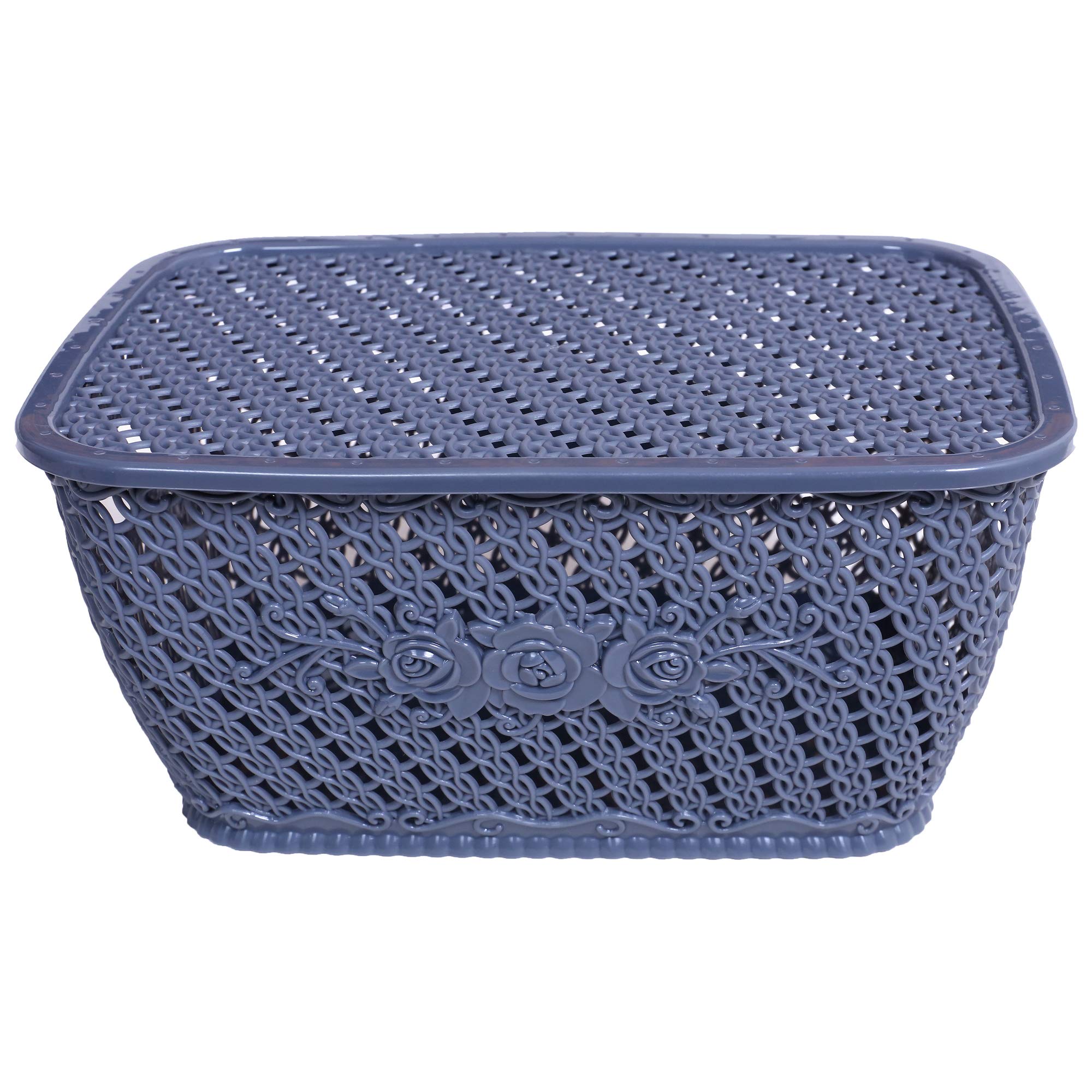 Kuber Industries Plastic 3 Pieces Large Size Multipurpose Solitaire Storage Basket for Kitchen, Office, Bedroom, Bath Room with Lid (Coffee & Grey & C - view 4
