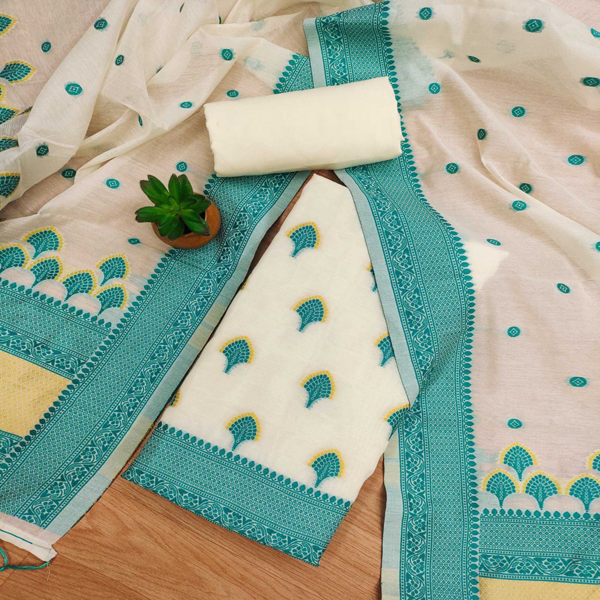 Peachmode Offwhite & Teal Floral Woven Chanderi Dress Material