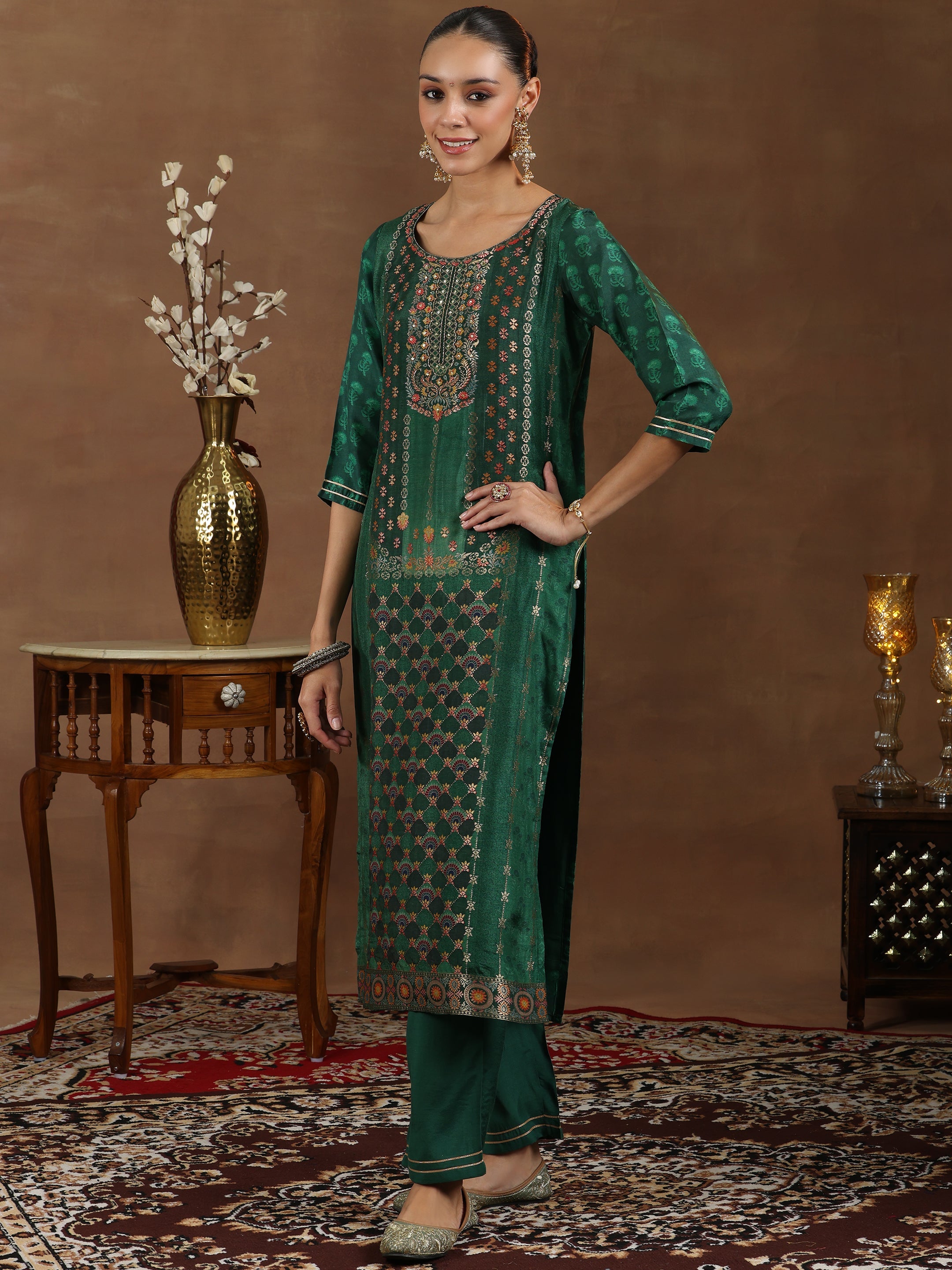 Libas Green Woven Design Silk Blend Straight Suit With Dupatta - view 2