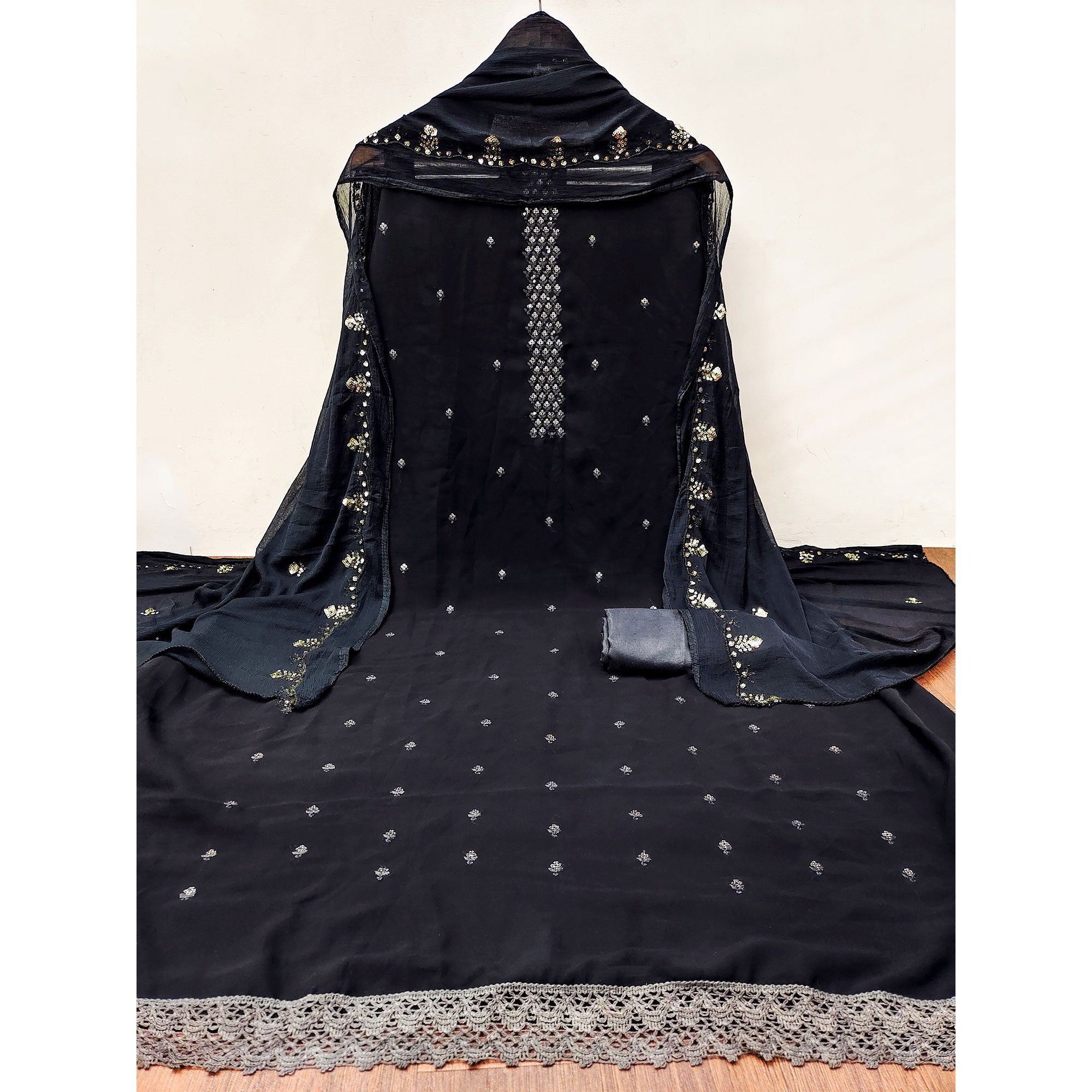 Peachmode Black Floral Sequins Embroidered Georgette Dress Material - view 3