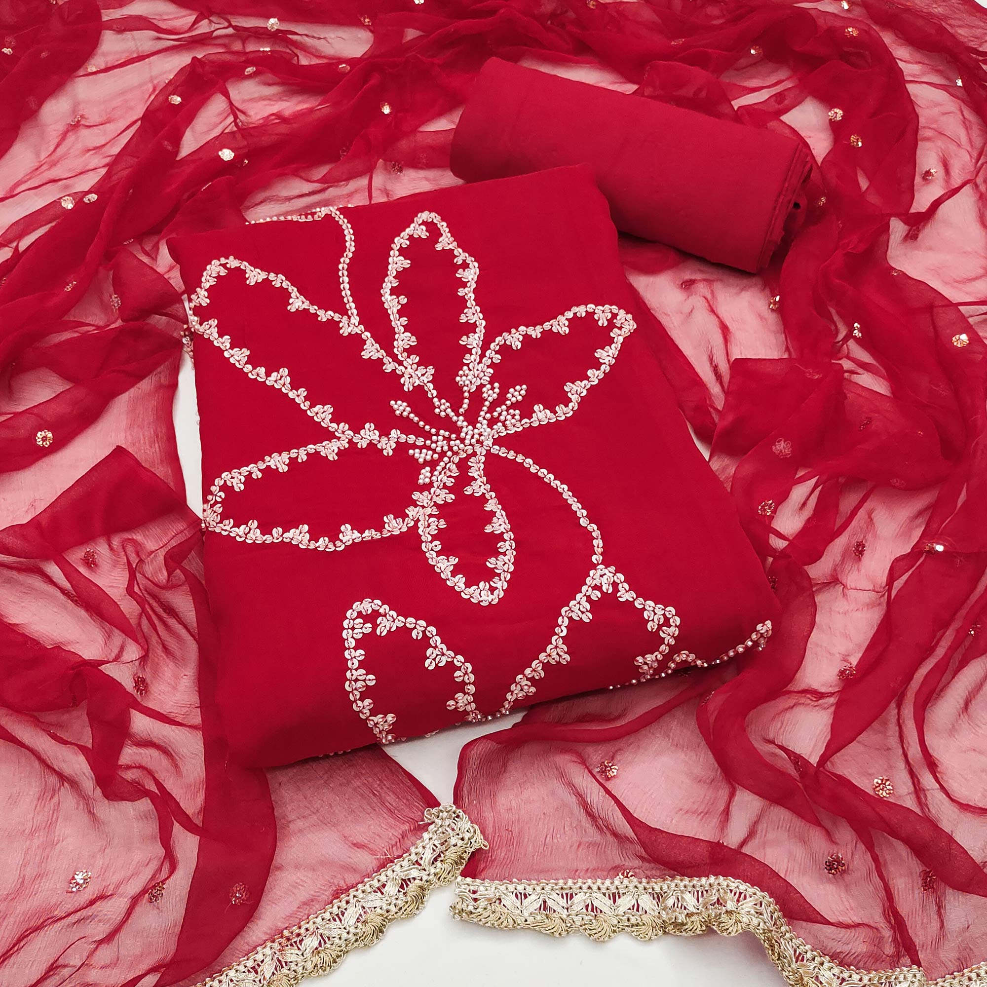 Peachmode Red Floral Sequins With Moti Handwork Muslin Dress Material