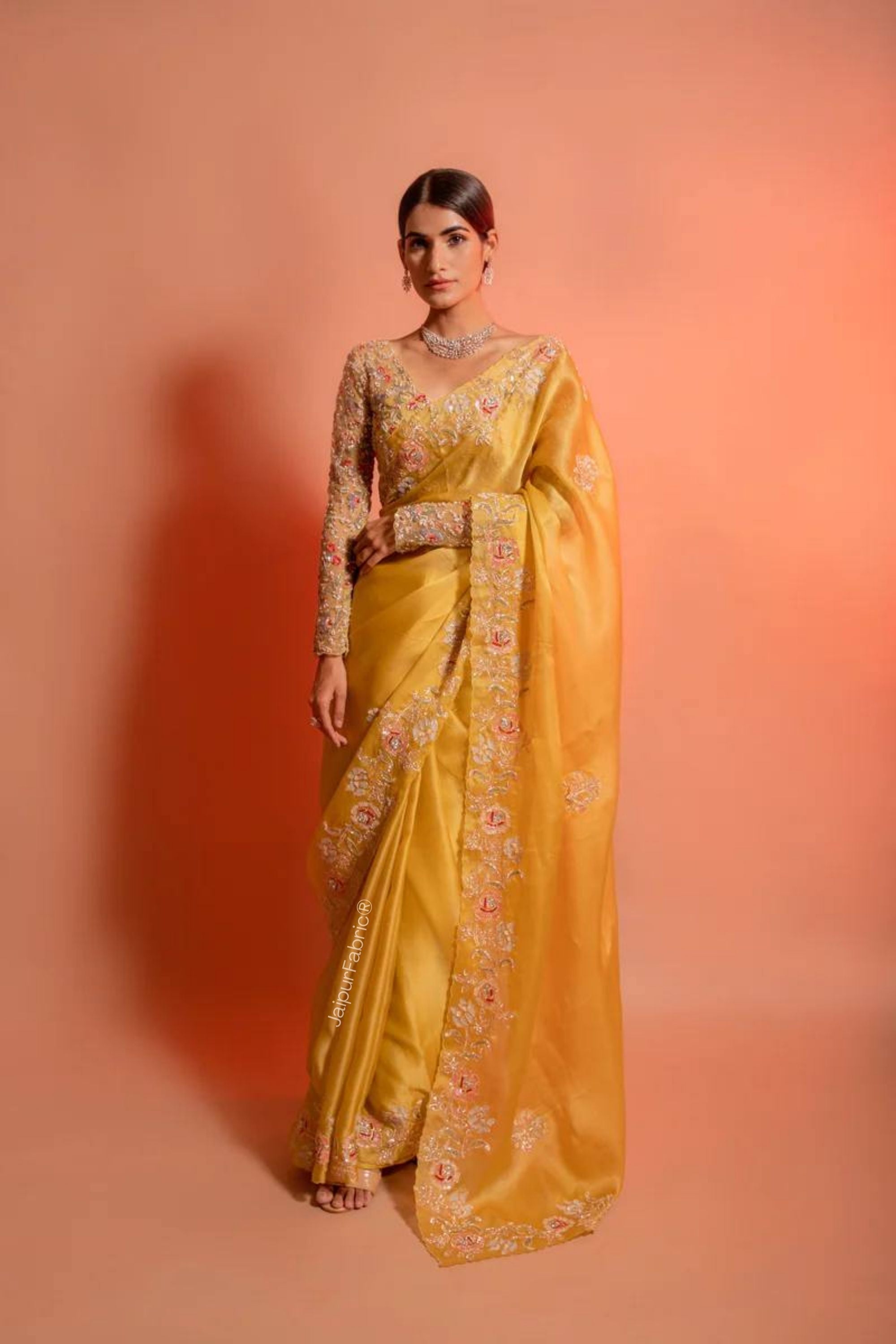 JaipurFabric® Embroidered Organza Saree in Yellow - view 2