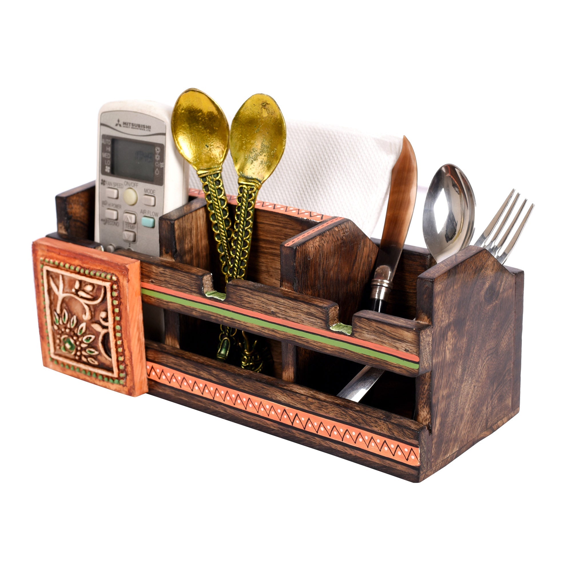 ART CREATIONS BY SUMAN SONTHALIA Brown - Cutlery Holder Handcrafted in Wood with Tribal Art (10x4x4") - view 2
