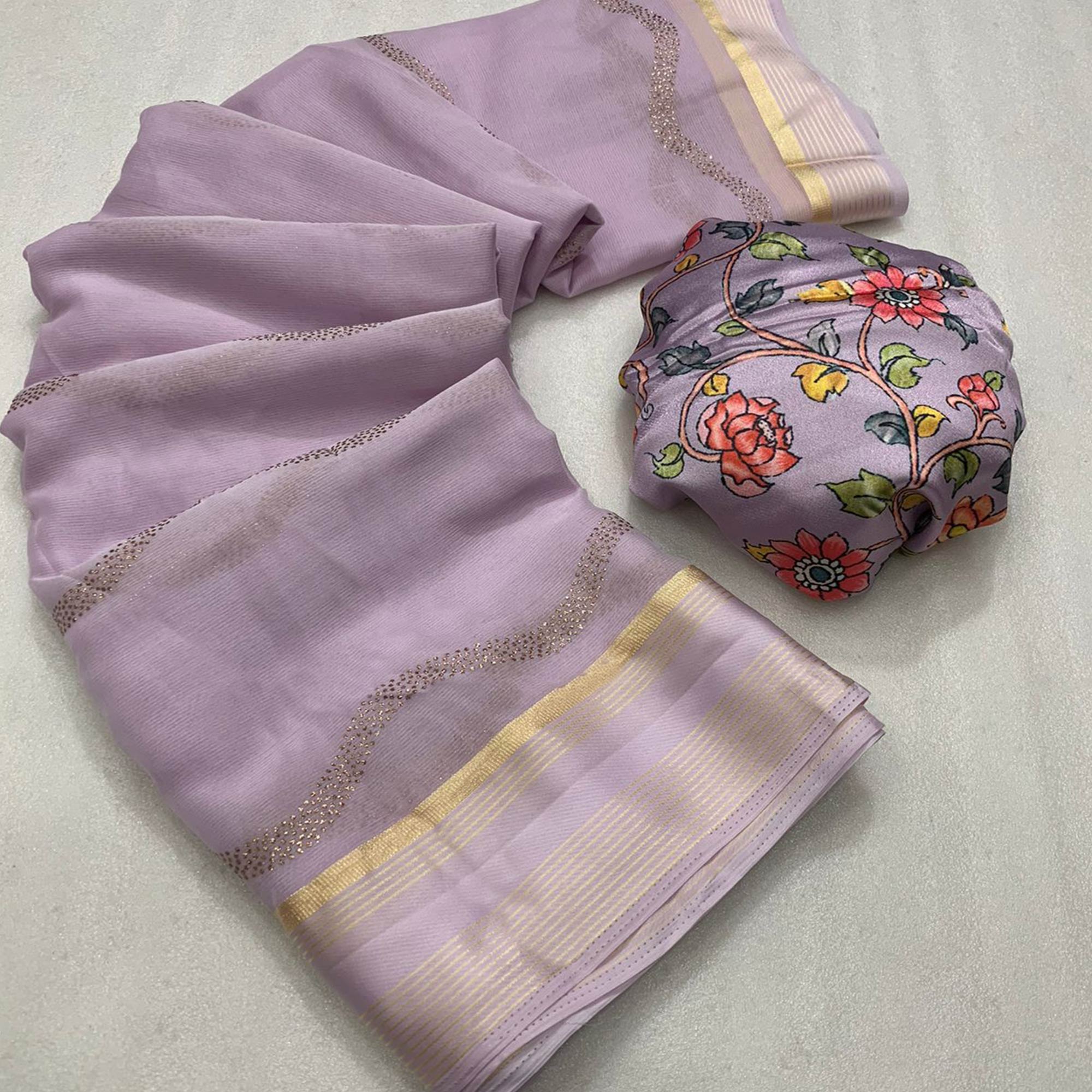 Peachmode Light Lavender Foil Printed Chiffon Saree