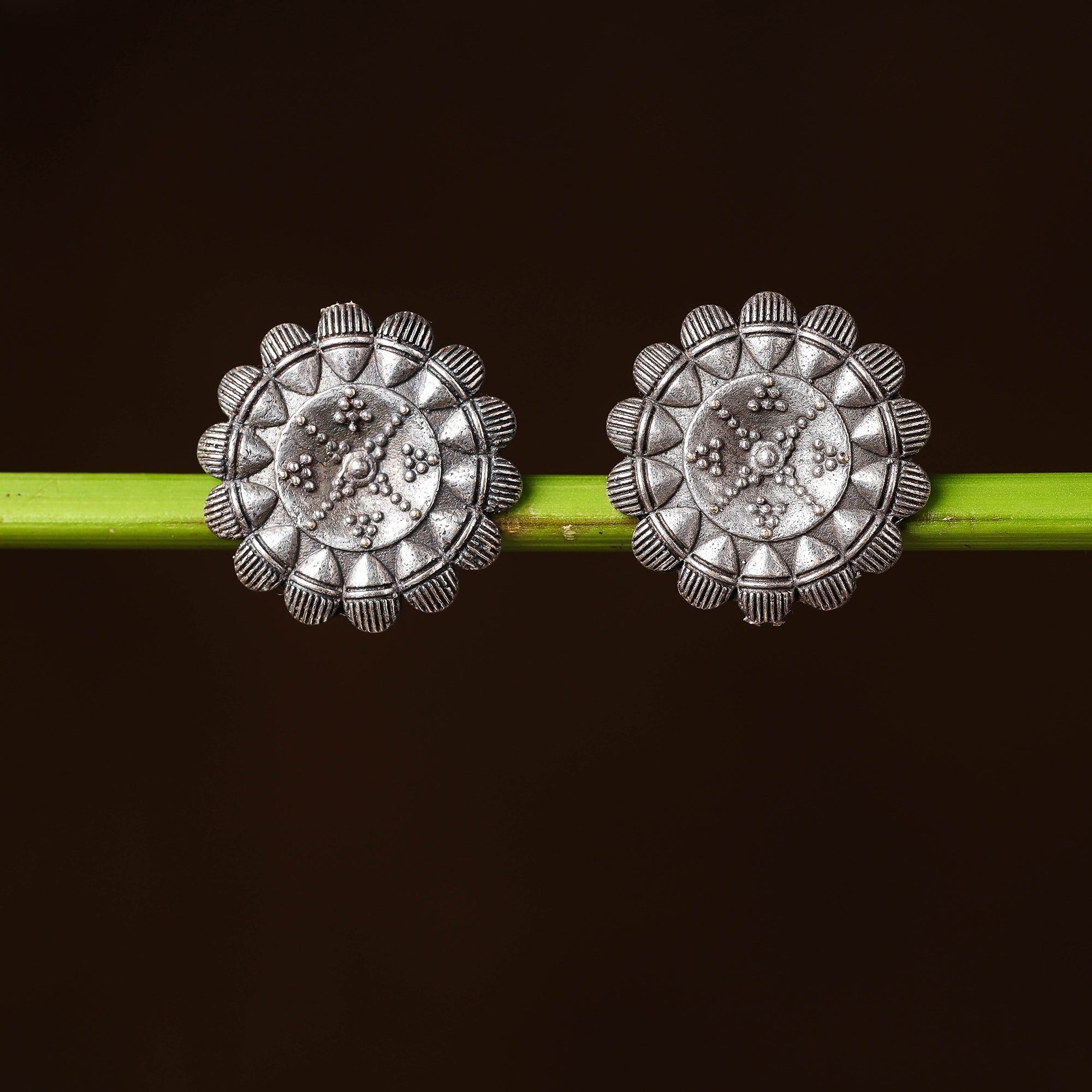 WHITE RIVER STORIES Antique Silver Finish Oxidised Brass Base Stud Earrings