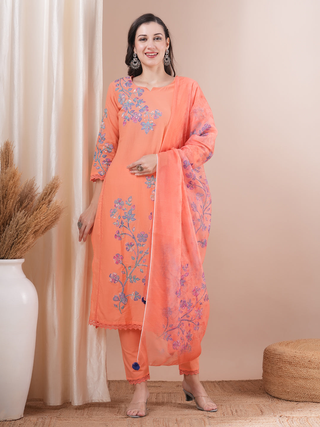 FASHOR Floral Patchwork Embroidered Straight Fit Kurta with Pant and Printed Dupatta - Peach - view 3