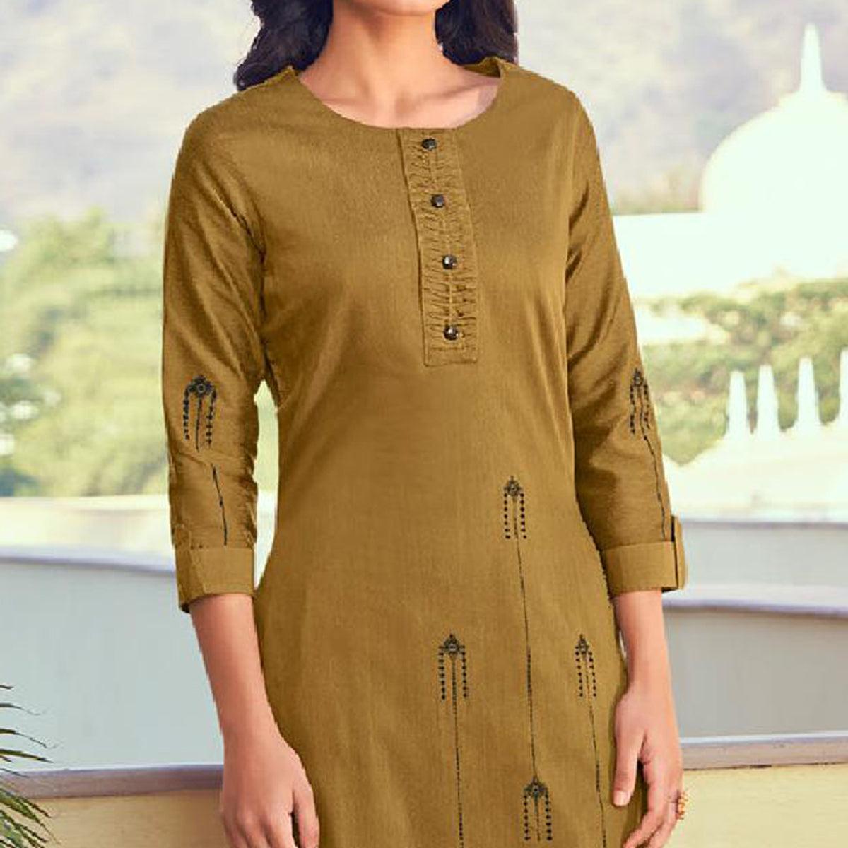 Peachmode Seller Mehendi Green Embroidered Viscose Kurti Pant Set - view 3