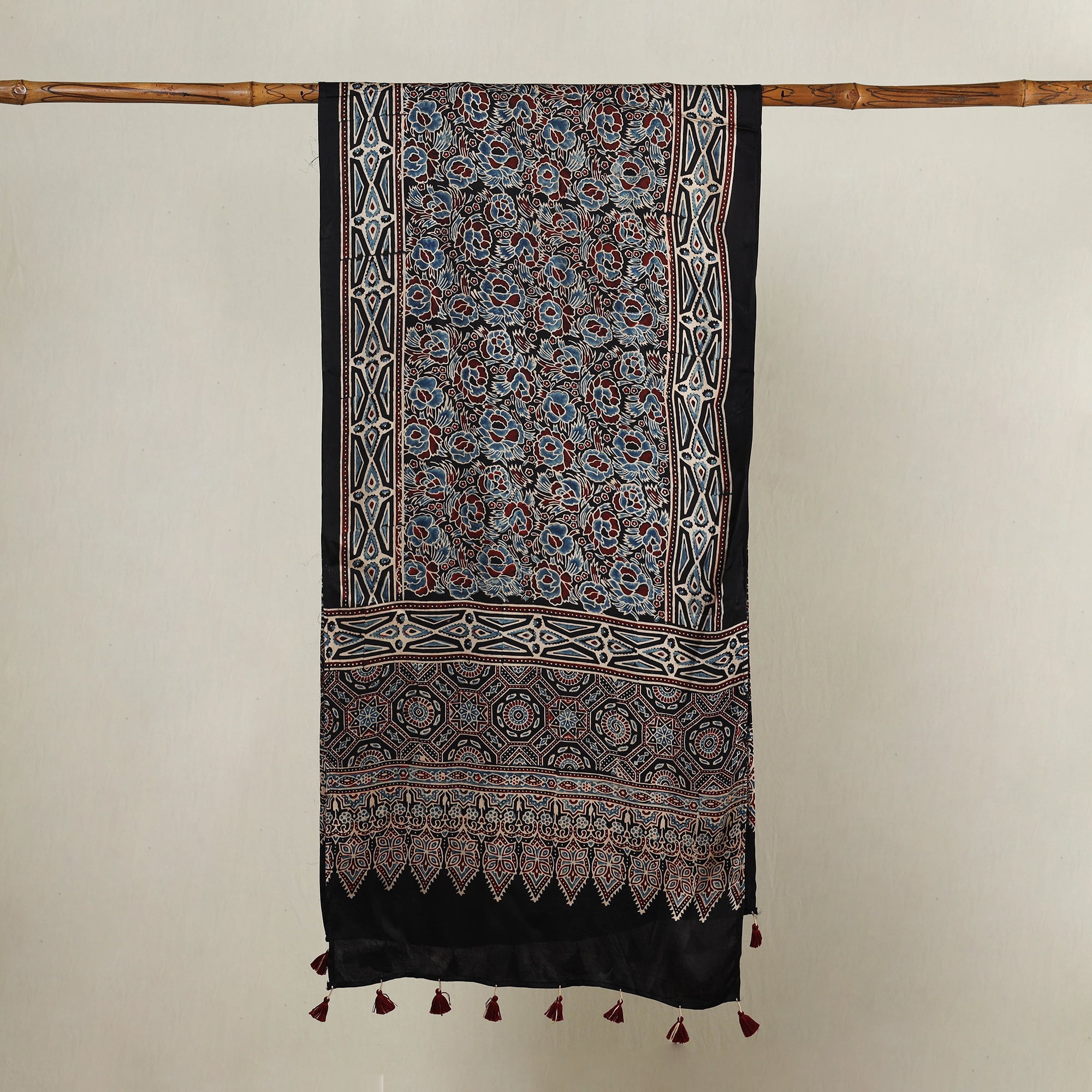 RIYAZ ABDULMAJID KHATRI - AJRAKH Black - Ajrakh Hand Block Printed Modal Silk Stole with Tassels - view 2