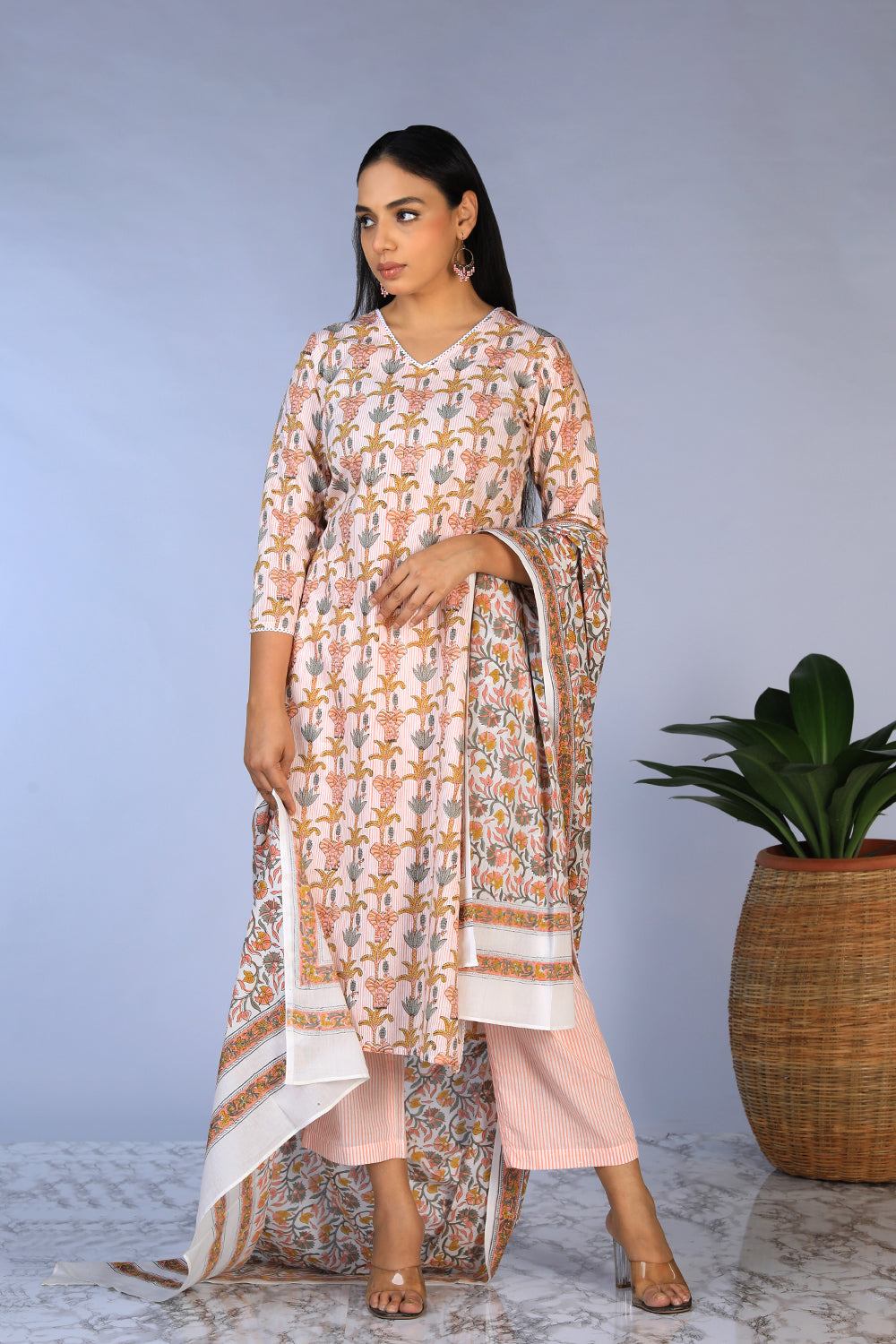 Kalanjali Ethnics Handblock printed kurti ,pants and dupatta set - view 5