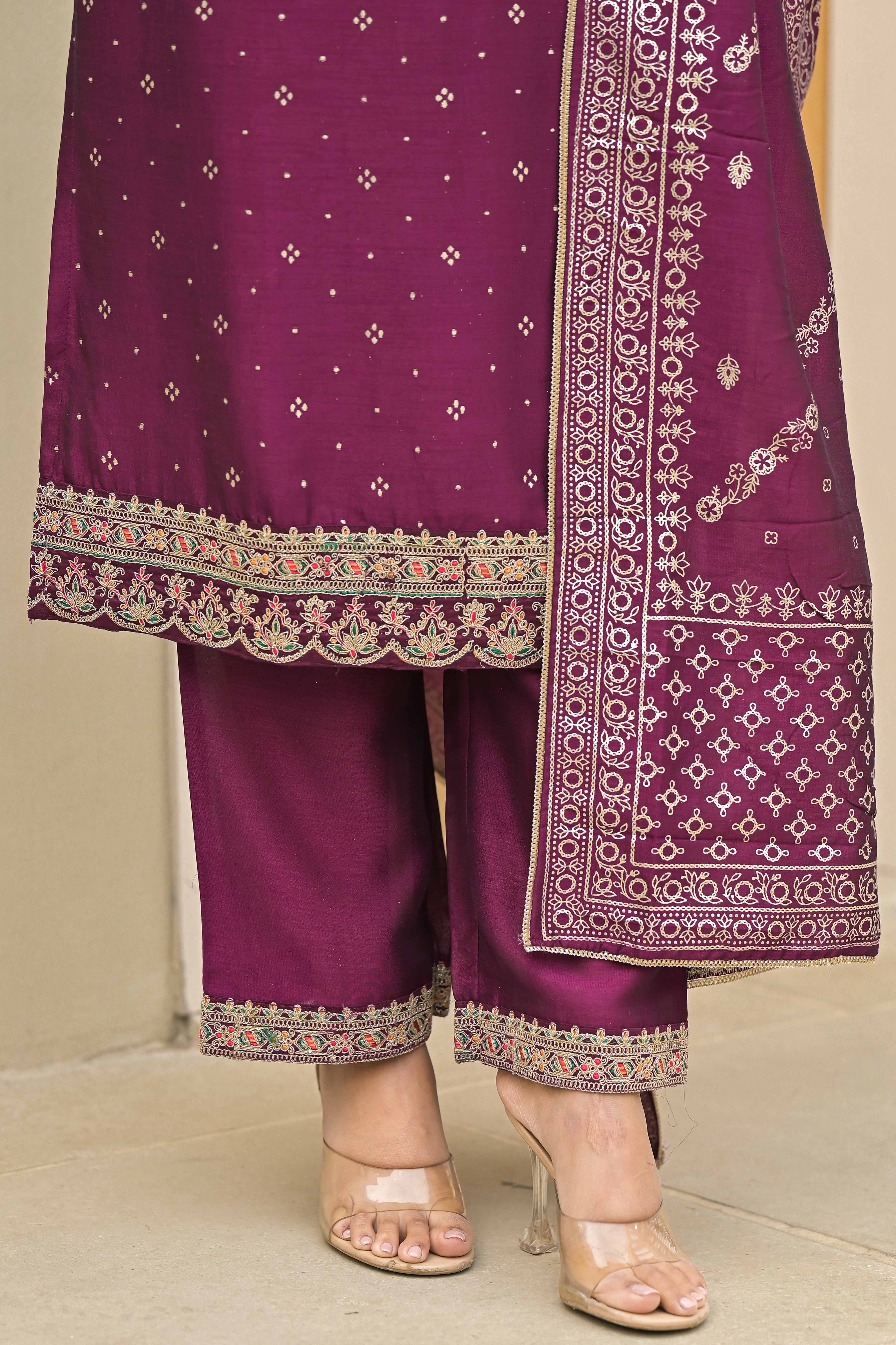 Peachmode Dark Purple Golden Embroidered Vichitra Silk Salwar Suit - view 9