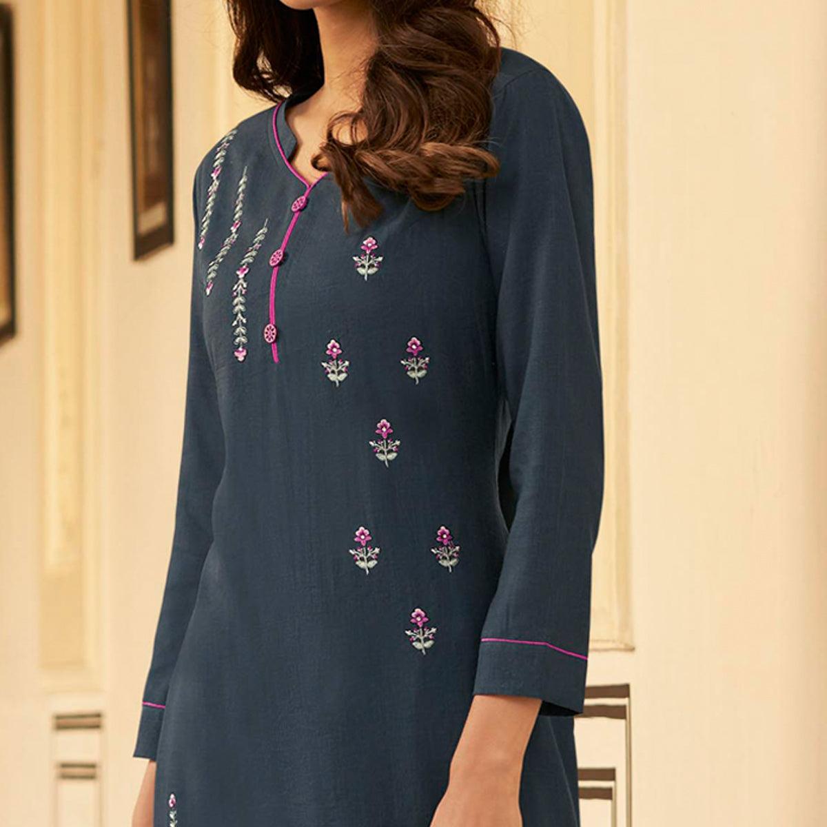 Peachmode Seller Dark Grey Casual Wear Embroidered Heavy Rayon Kurti - Palazzo Set - view 4