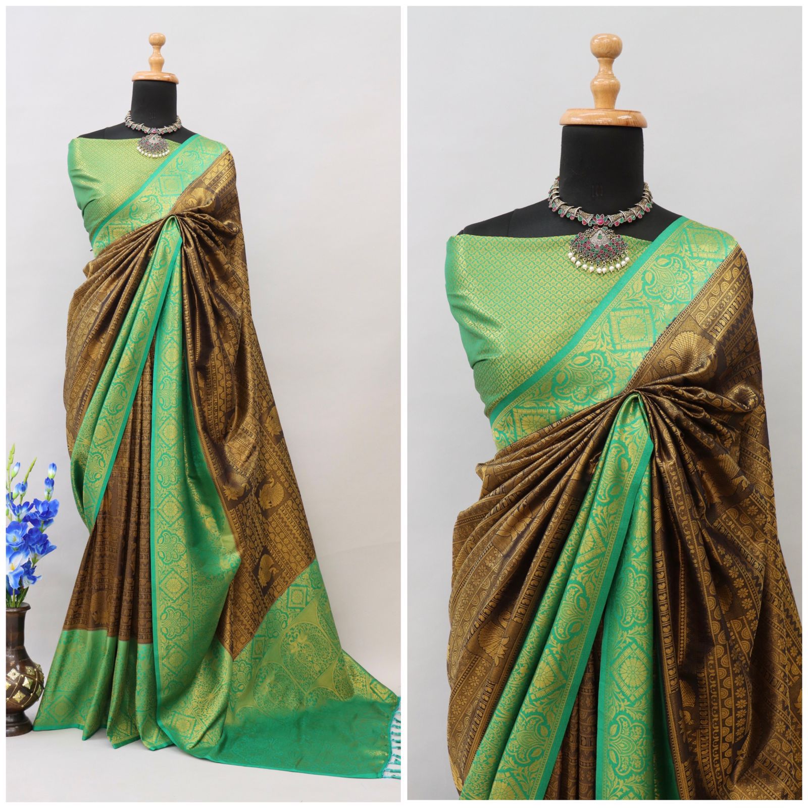 ClothsVilla Brown and Sky Blue Kuber Soft Silk Saree with Exquisite Golden Jari Work & Matching Blouse