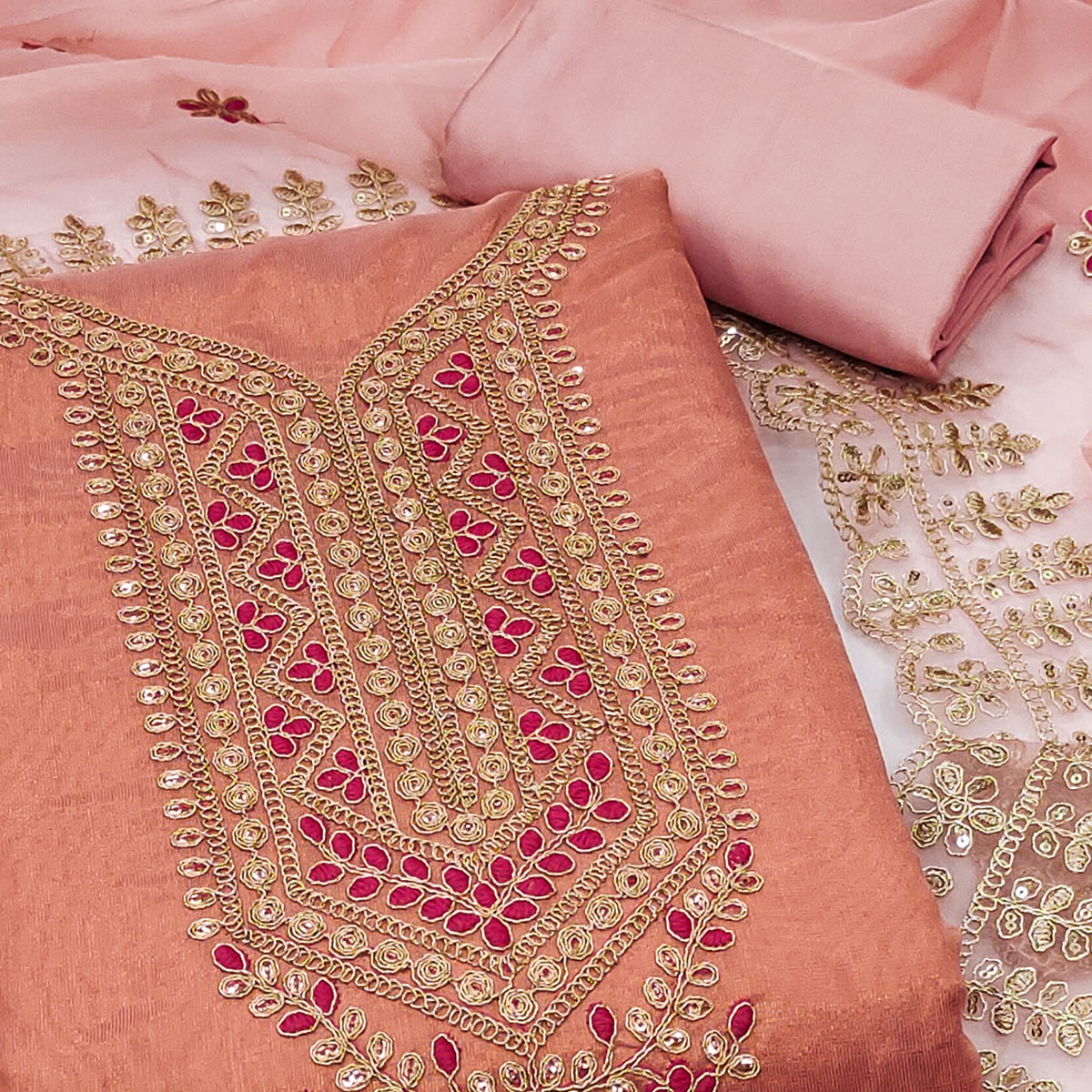 Peachmode Peach Sequins Embroidered Chanderi Silk Dress Material - view 2