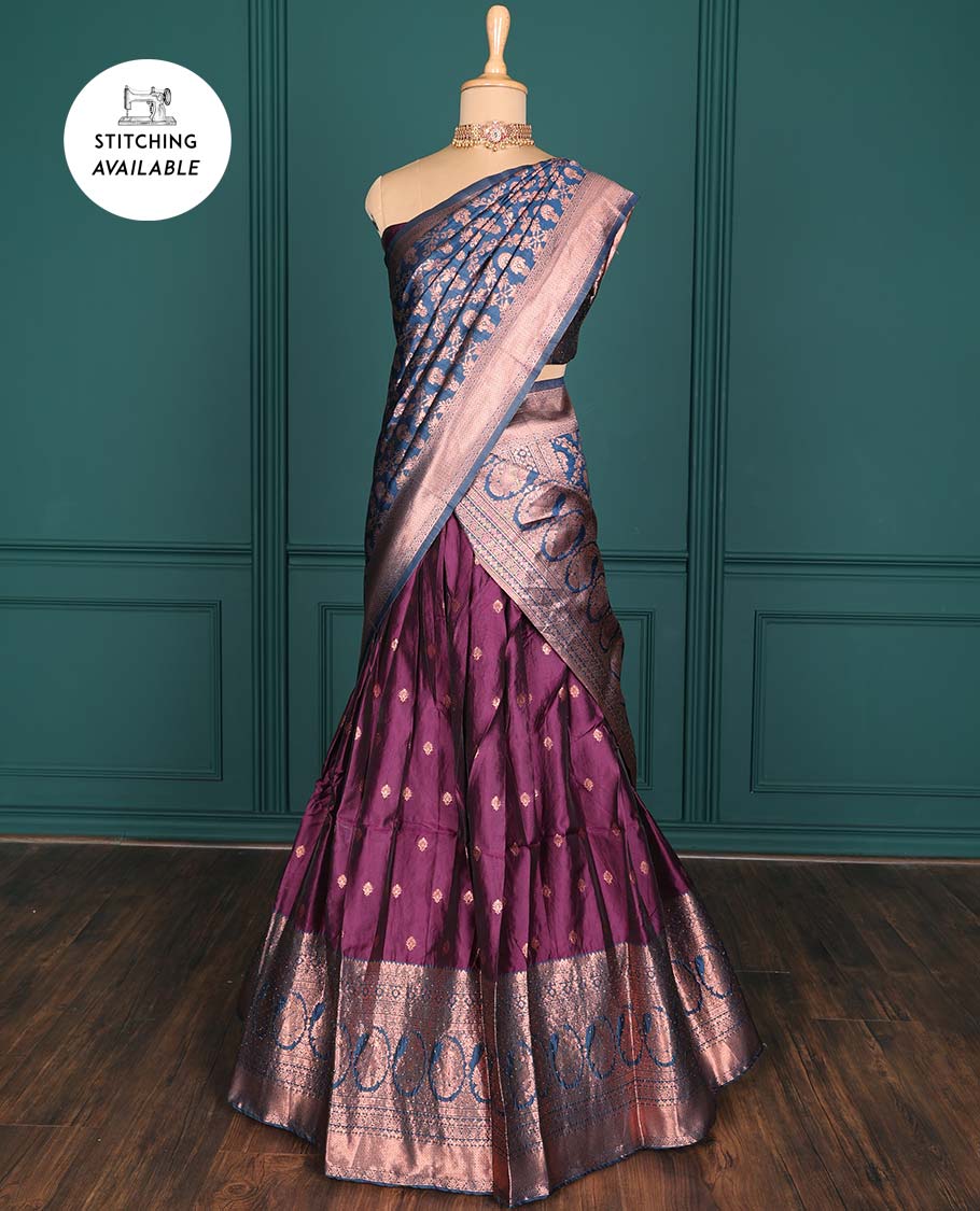 Pothys Purple zari buttas artsilk halfsaree,contrast traditional design stonework border, blouse & dhavani of jaal designs
