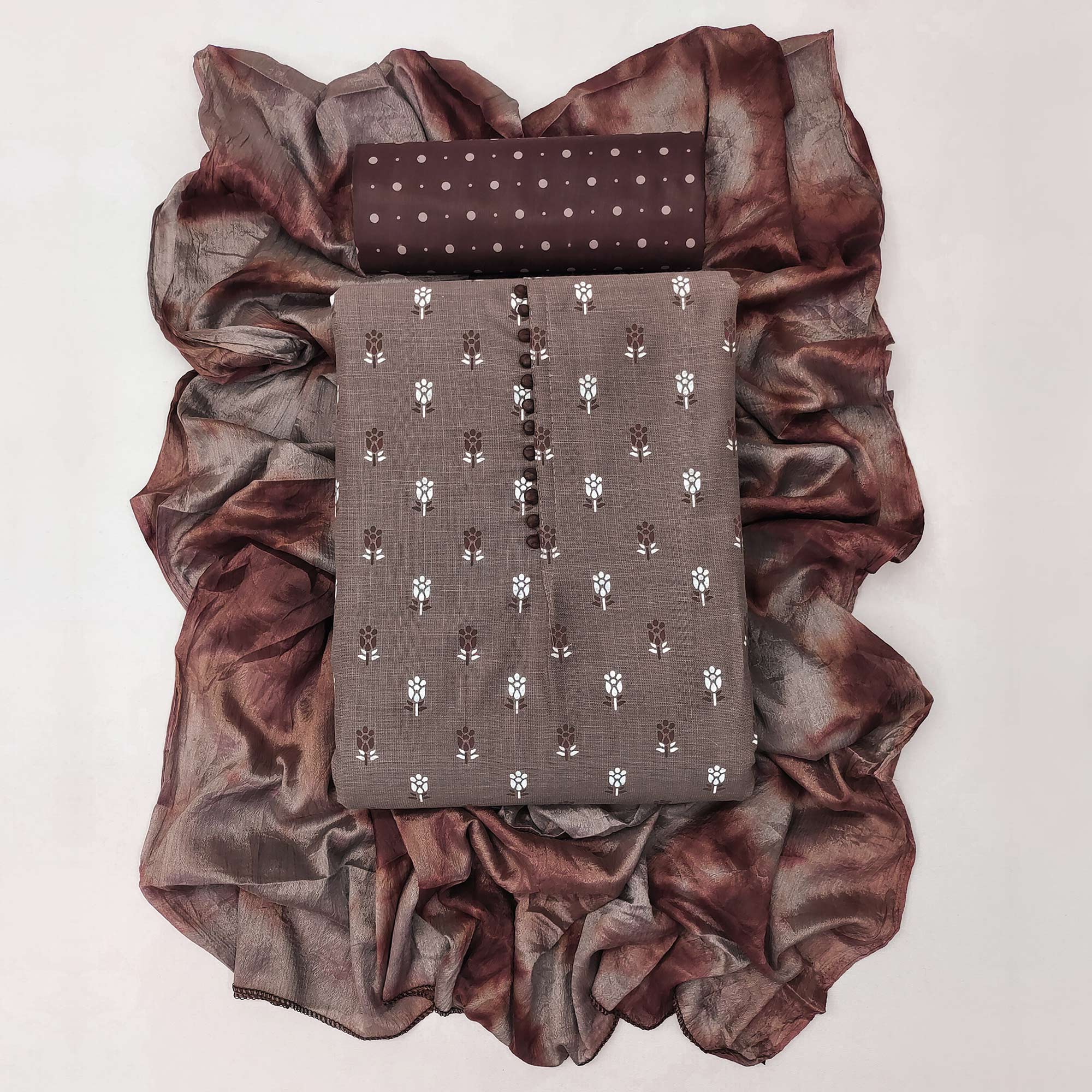 Peachmode Dark Chikoo Floral Printed Cotton Blend Dress Material