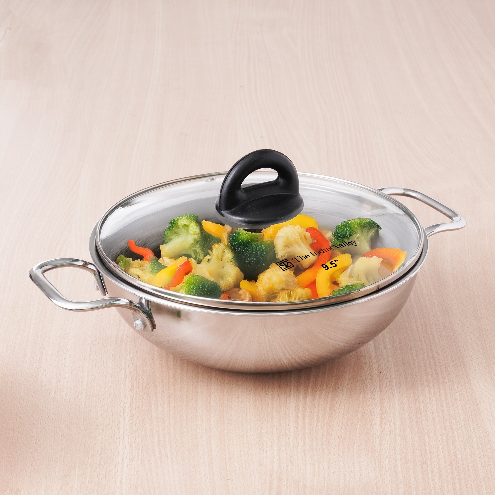 The Indus Valley TurboCuk Tri-ply Stainless Steel Kadai+ Glass Lid, Premium Quality, 3 Layer Thick Body, 100% Toxin-free, Non-stick, Induction & Gas, 