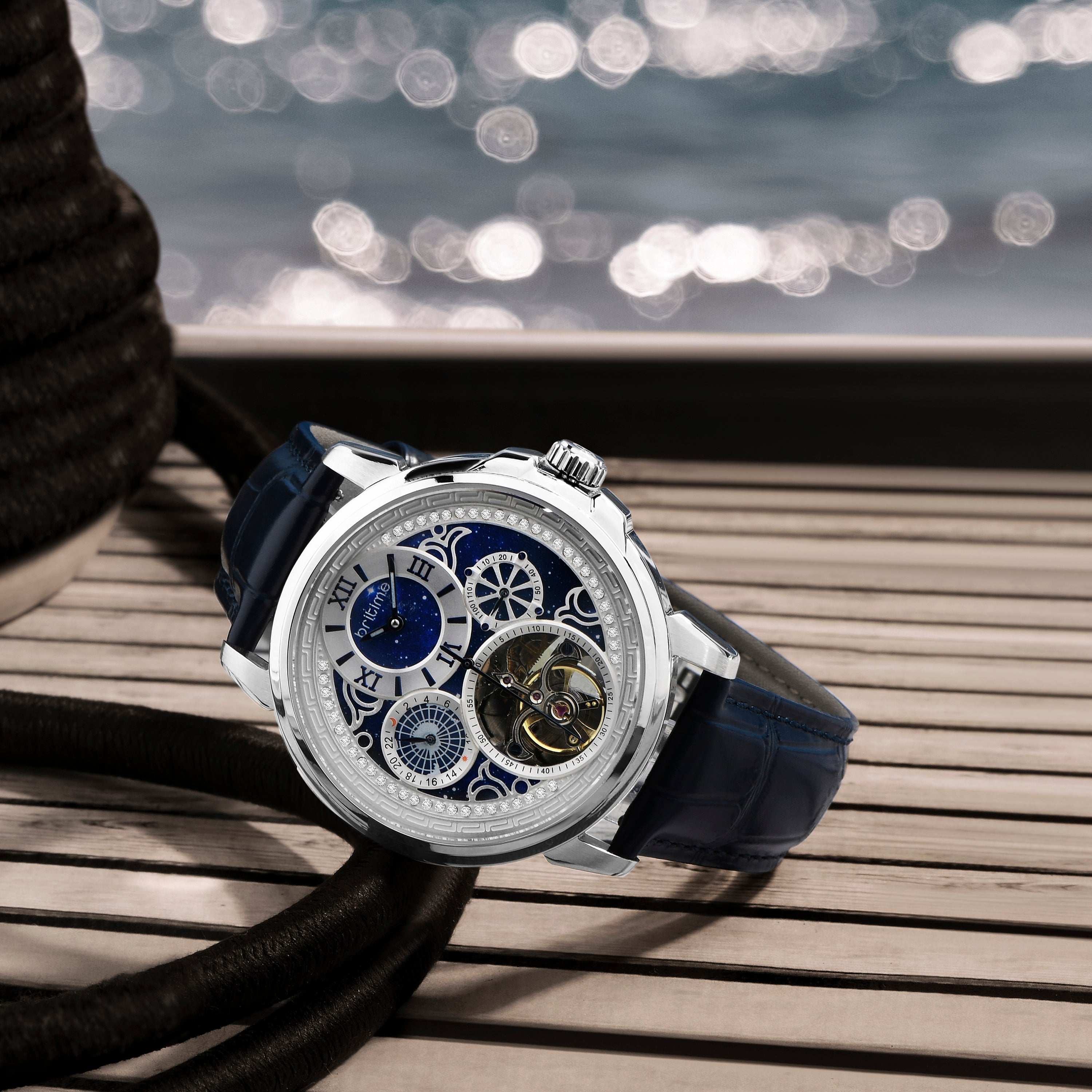 Britime Aquatica Men Automatic Blue Dial Multi-Function Leather Watch 274-L10507 - view 2