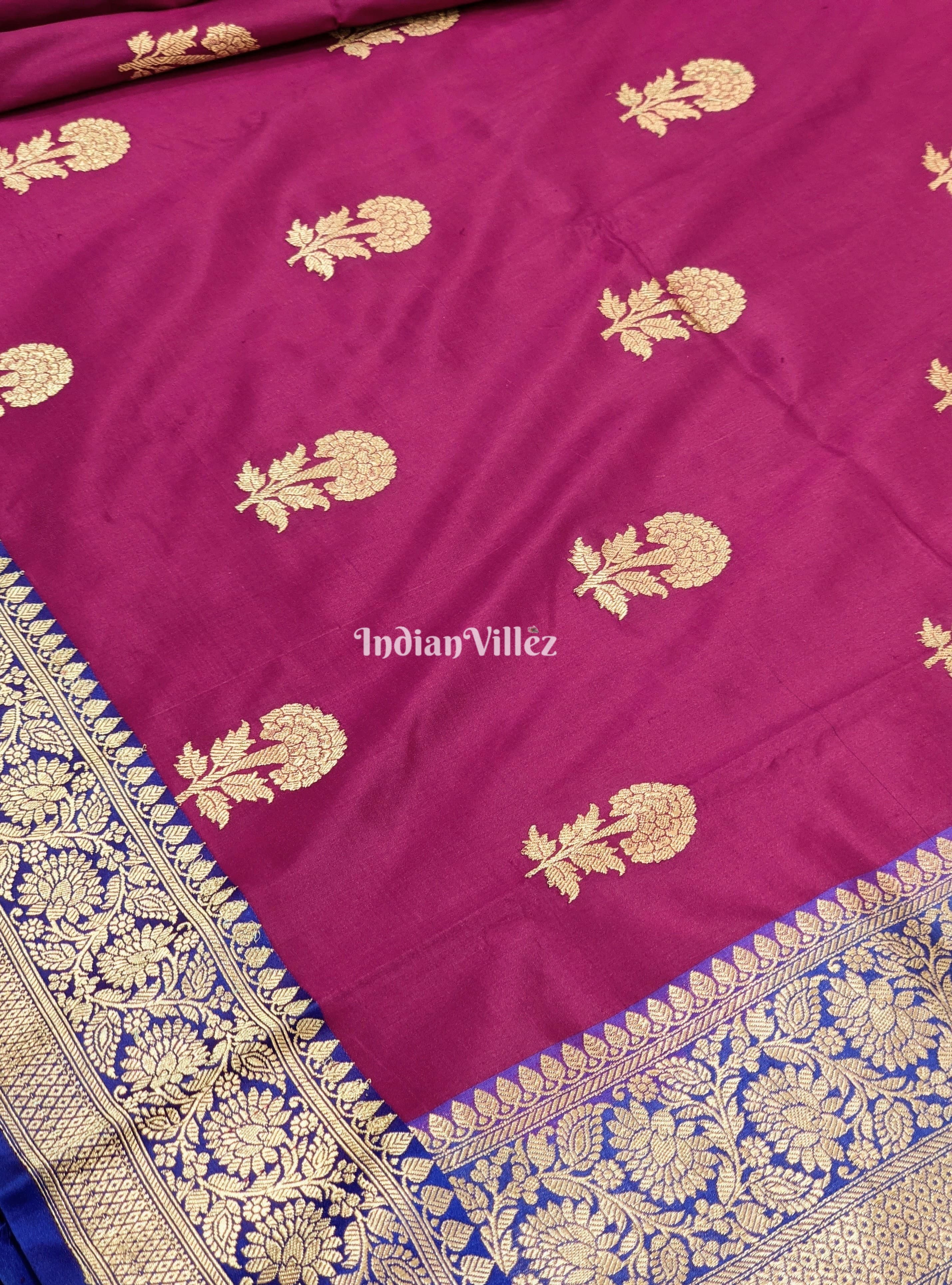 IndianVillèz Maroon Blue with Flower Motif Banarasi Katan Silk Saree - view 2