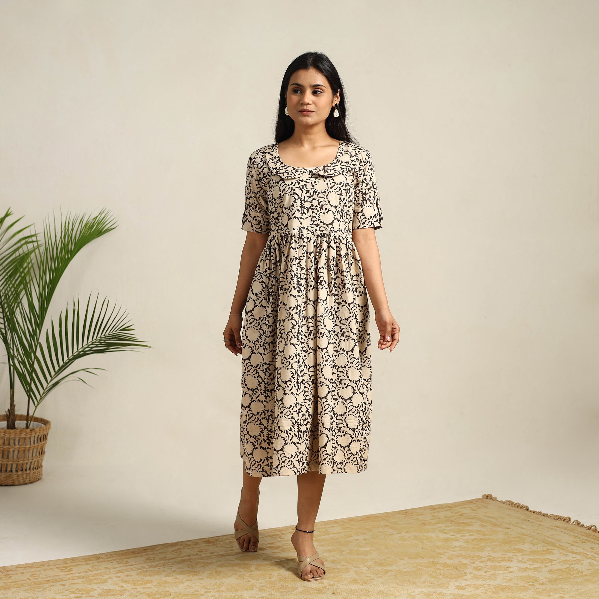 ITOKRI CASUALS Beige - Pedana Block Print Cotton Flared Kalamkari Dress 09 - view 3