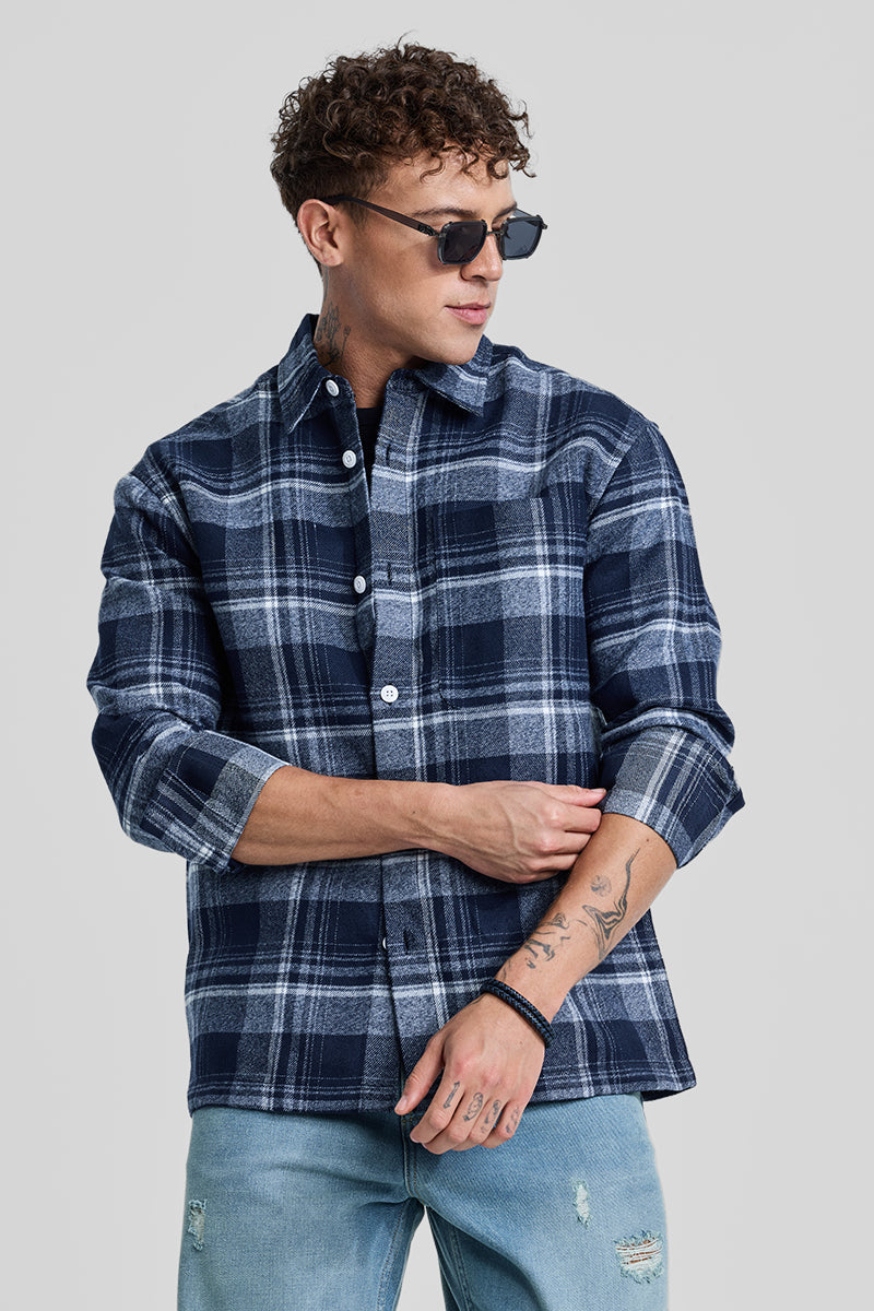SNITCH Navy Plaid Box Fit Flannel Shirt