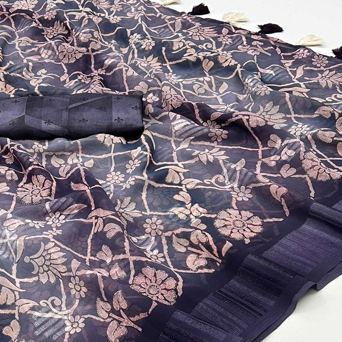 Peachmode Deep Purple Floral Foil Printed Georgette Saree With Tassels - view 2