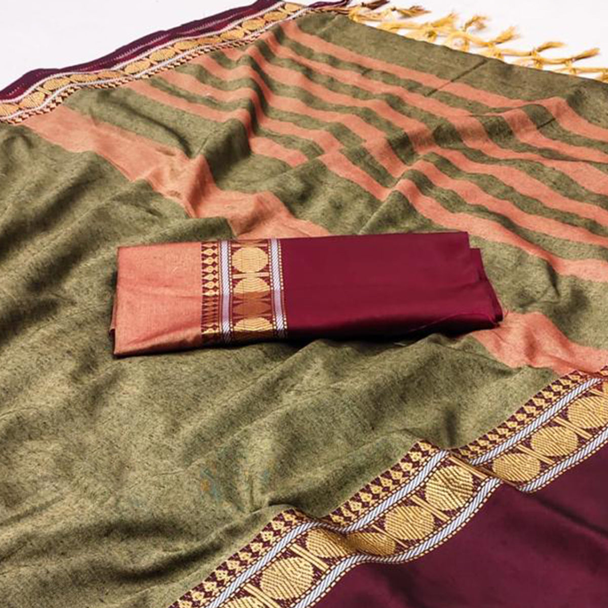 Peachmode Chikoo Woven Cotton Silk Saree With Tassels - view 2