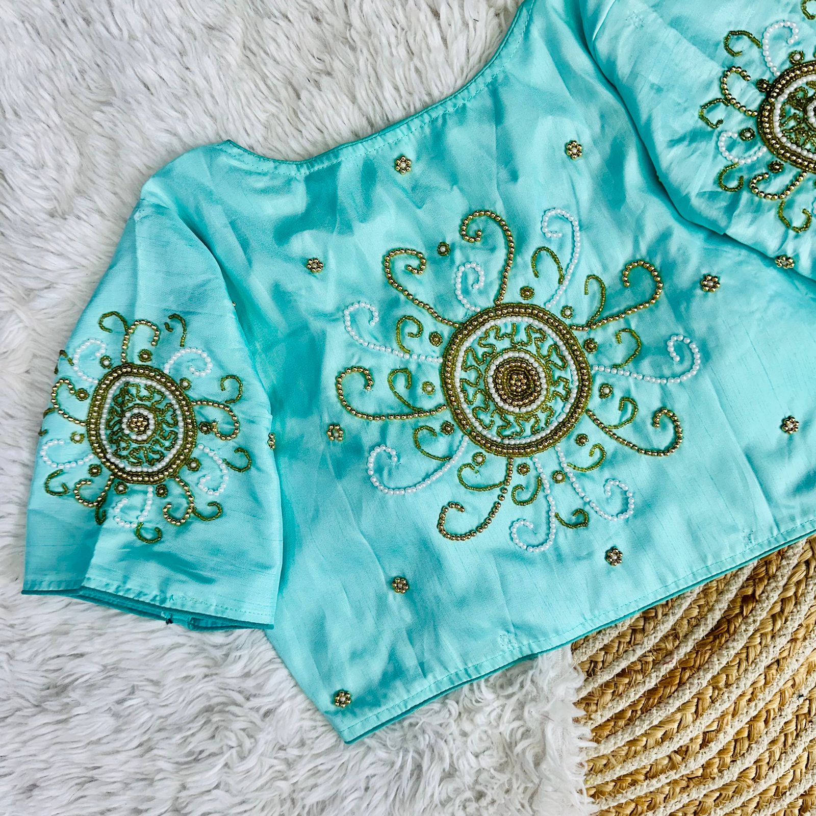 ClothsVilla Sky Blue Golden Handcrafted Makhana Silk Blouse with White Pearl Accents