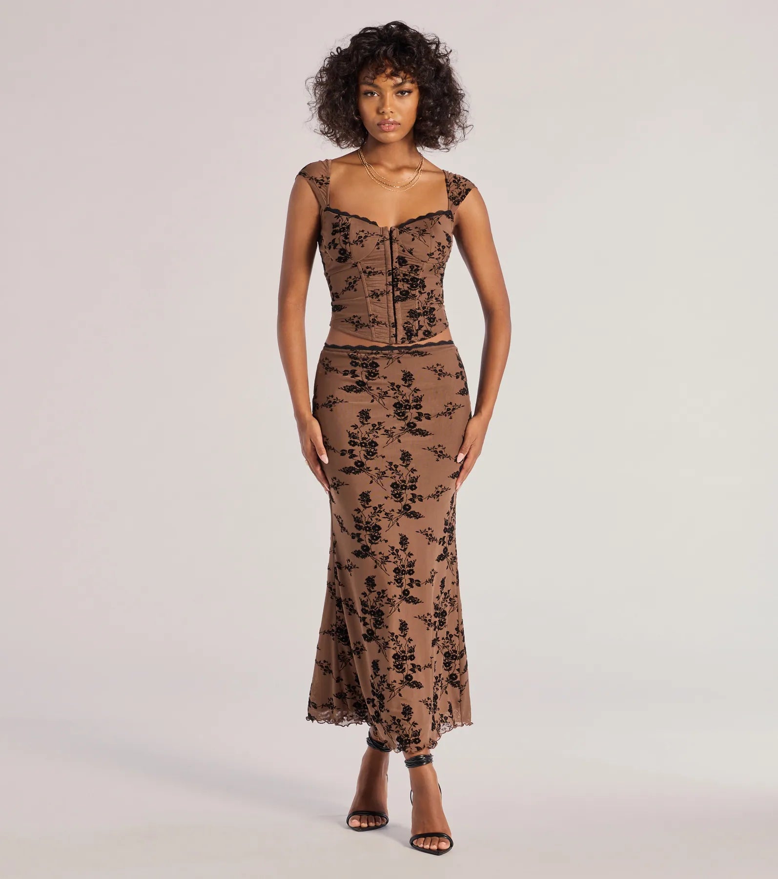 Windsor Romantic Aura Flocked Floral Mesh Maxi Skirt