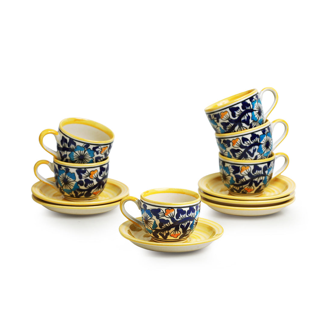 EXCLUSIVELANE 'Badamwari Bagheecha' Handpainted Ceramic Coffee & Tea Cups With Saucers (Set of 6, 120 ML, Microwave Safe) - view 2