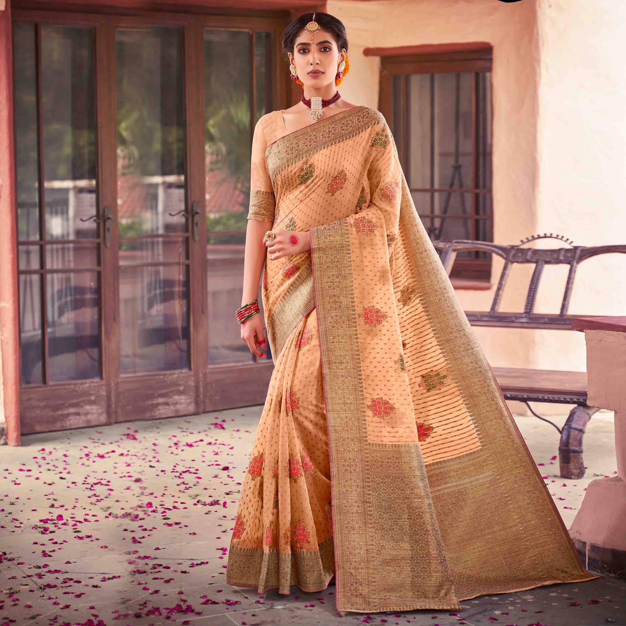 Peachmode Light Orange Festive Wear Woven Soft Cotton Saree