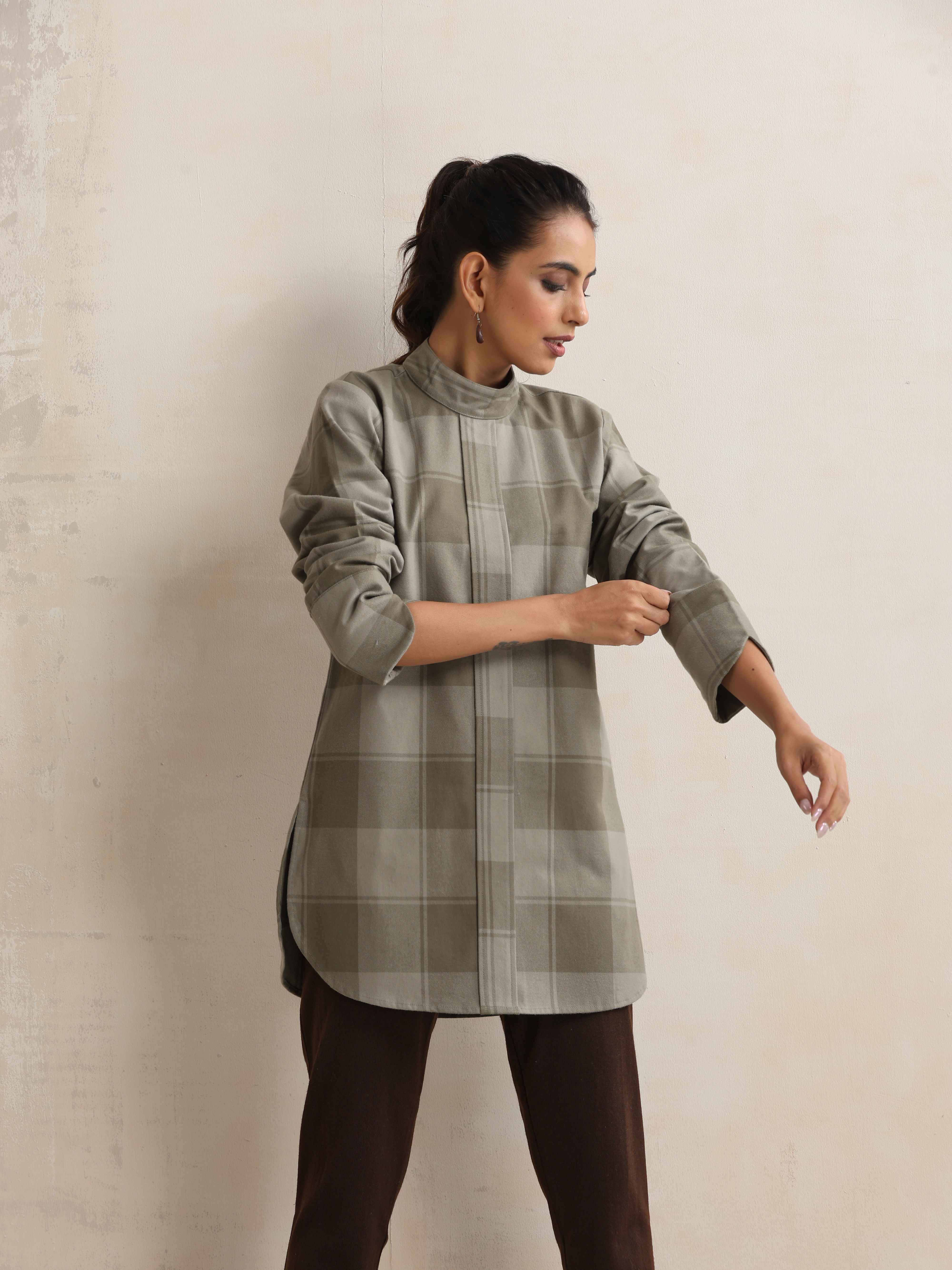 trueBrowns Green Check High Neck Short Kurta - view 2