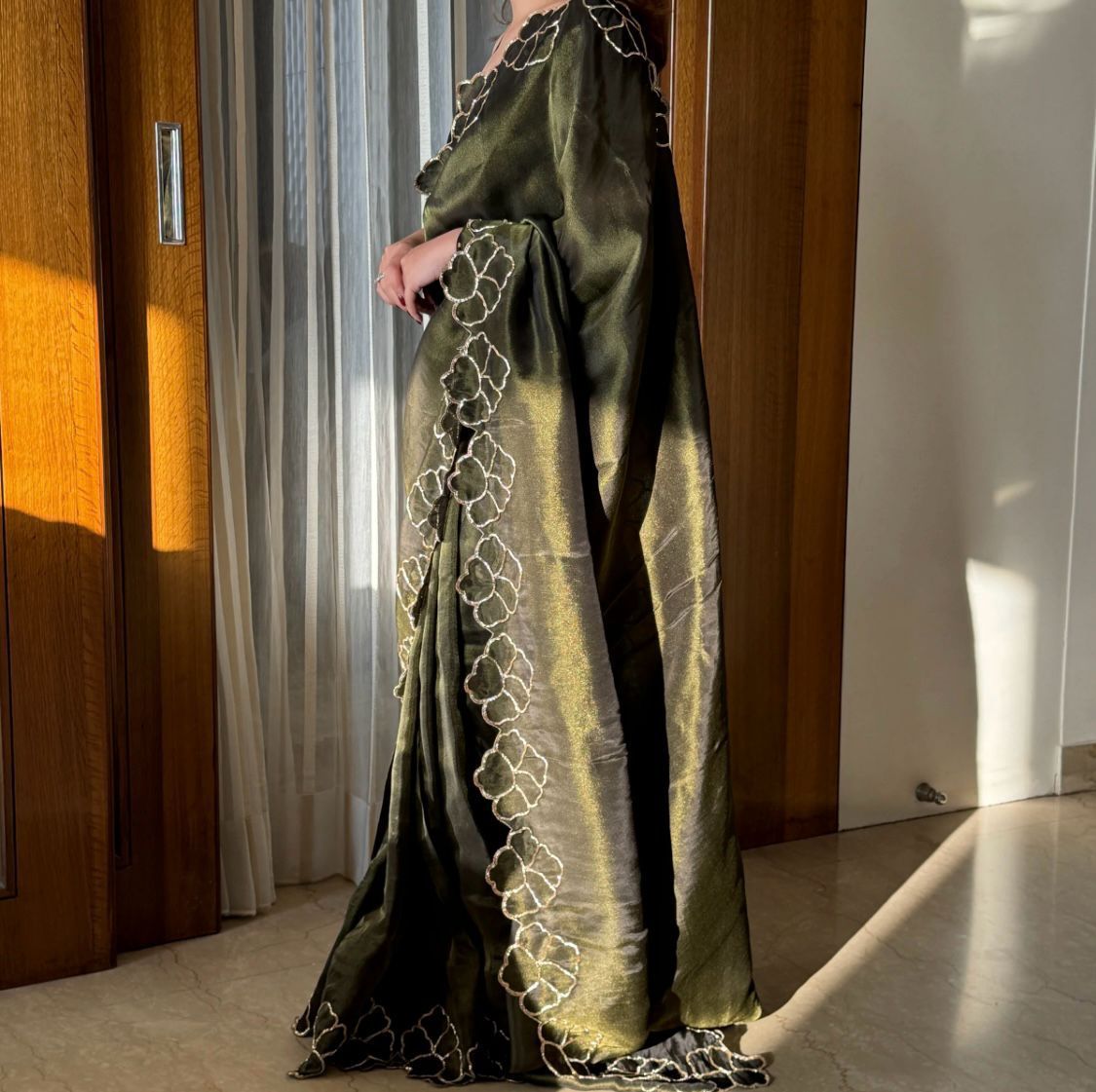 ClothsVilla Mehndi Green Lotus Jari Silk Saree with Exquisite Golden Handwork & Running Blouse - view 2