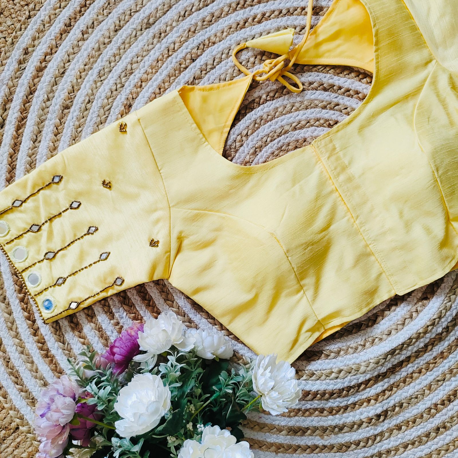 ClothsVilla Yellow Russian Silk Blouse with Mirror and Pearl Embellishments