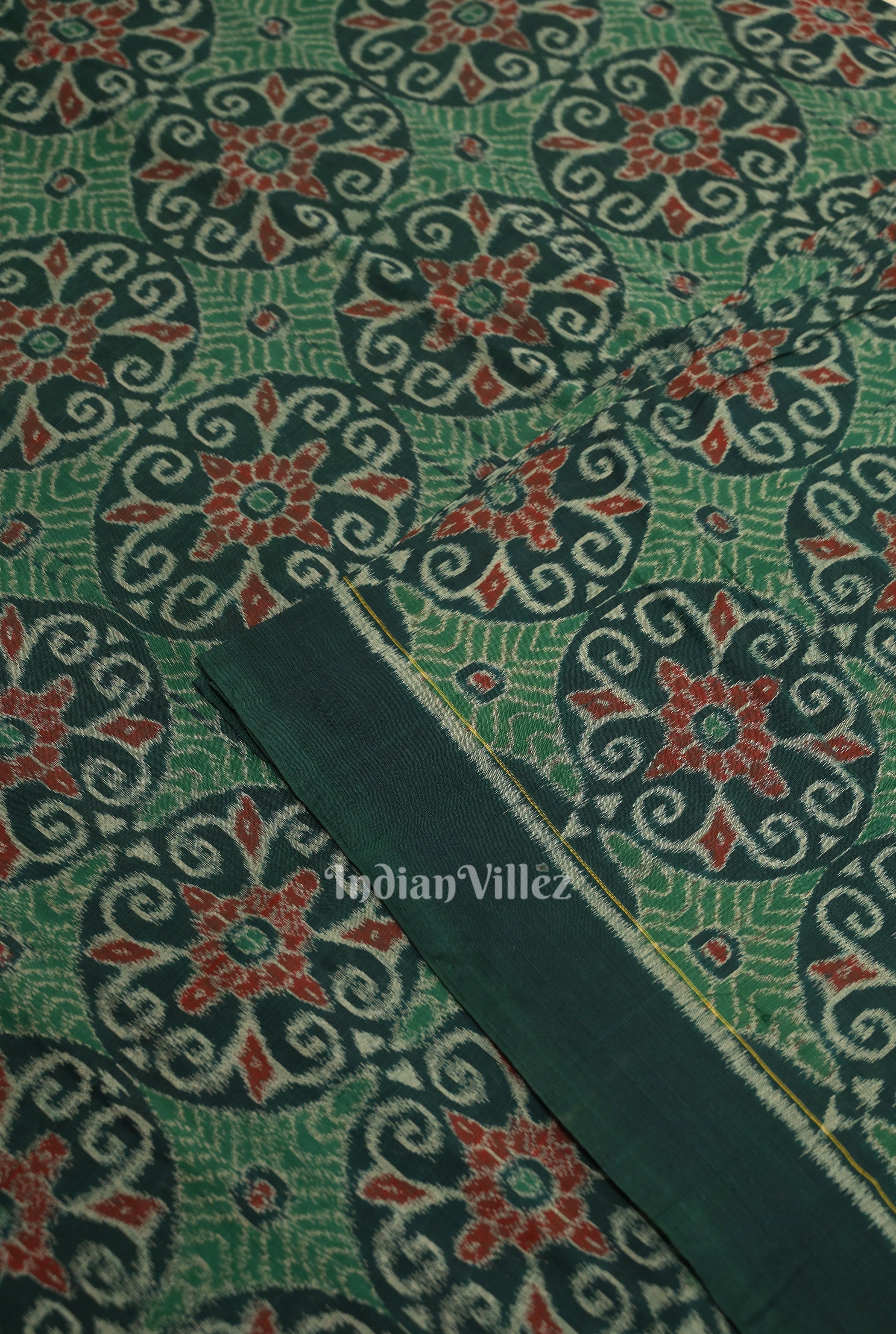 IndianVillèz Green Flower Motif Sambalpuri Ikat Cotton Fabric - view 2