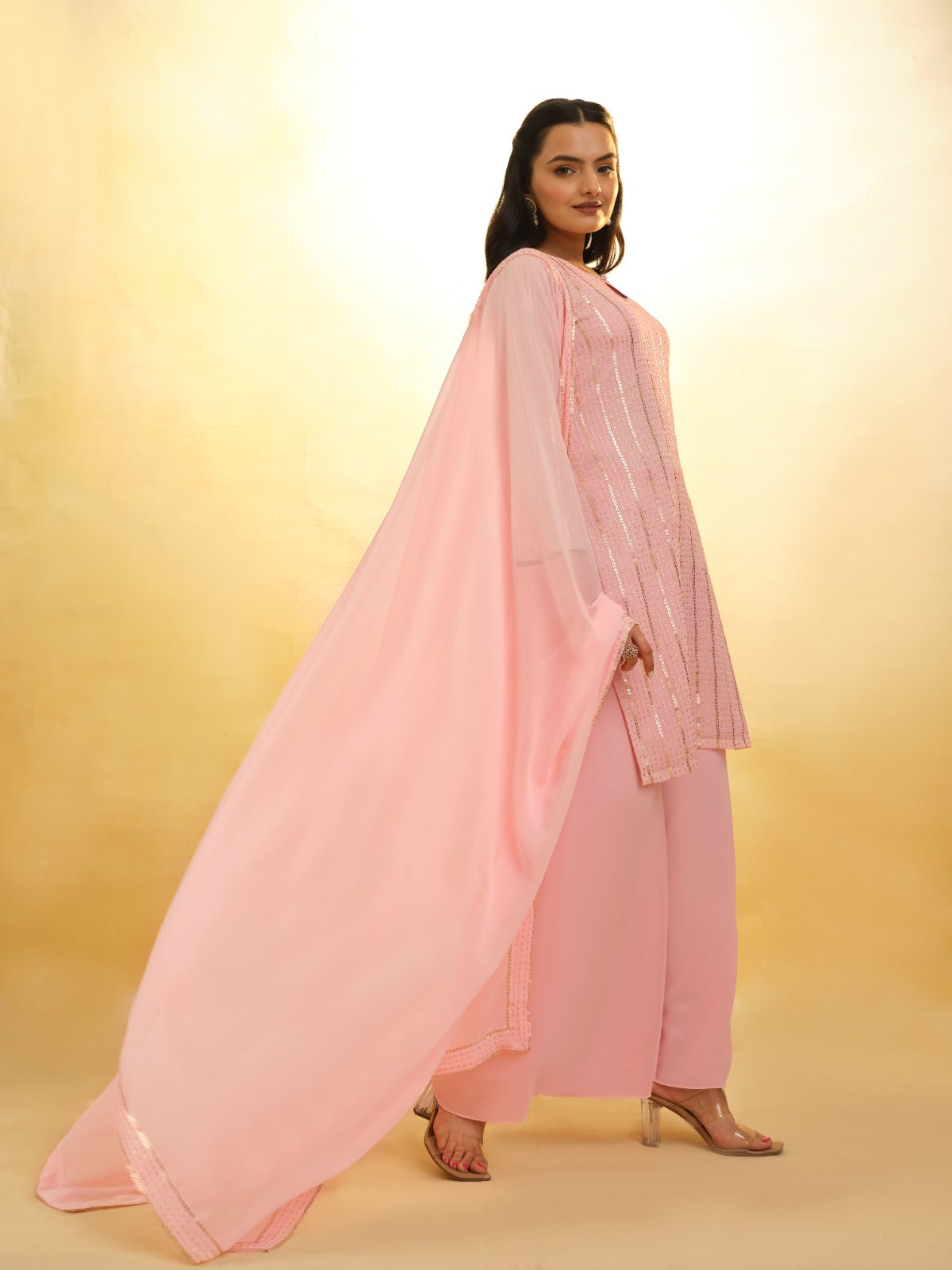 ClothsVilla Peach Georgette Suit with Embroidery and Shantoon Bottom - view 3