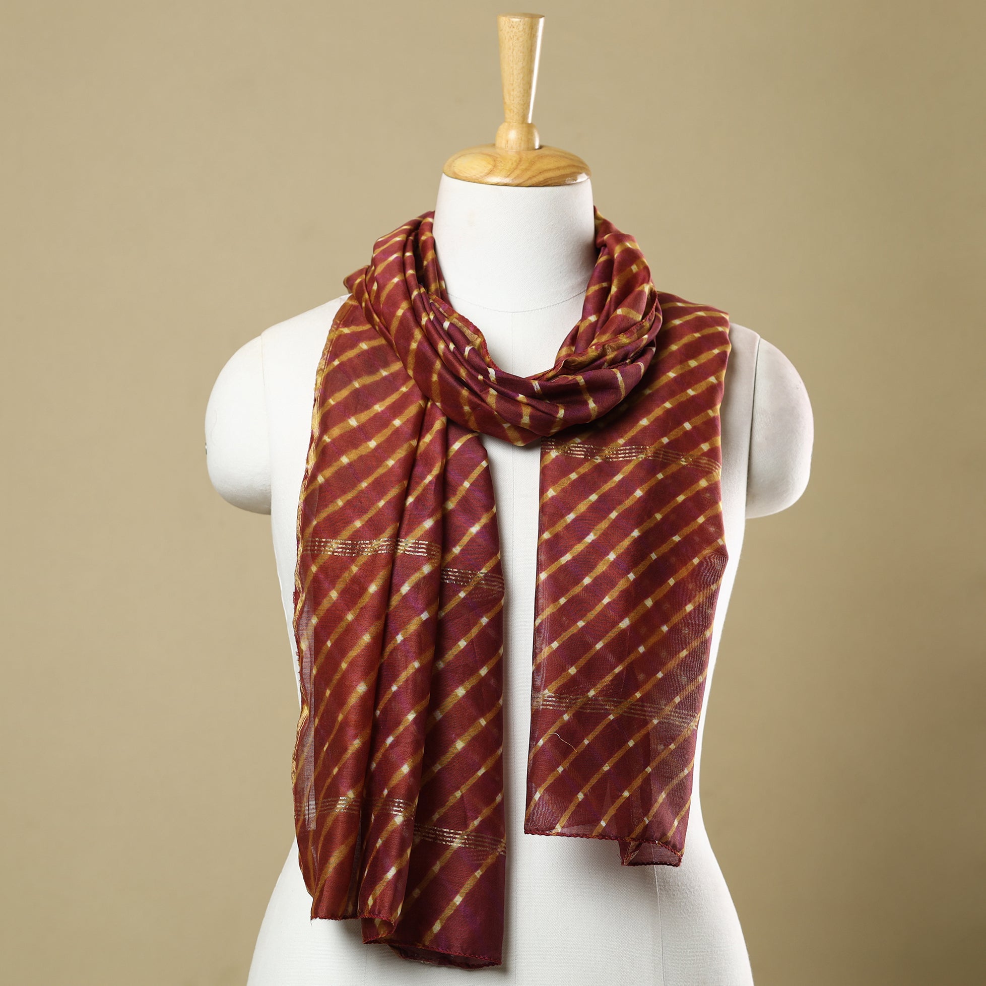 LEHARIYA BY BADSHAH MIYAN Brown - Leheriya Tie-Dye Mothra Chanderi Silk Handloom Stole with Zari Border 32