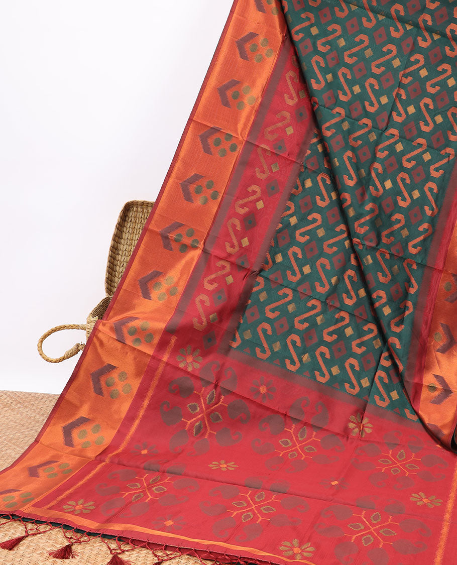 Pothys Green floral design semi-pattola silk saree with contrast floral border & floral, paisley design pallu