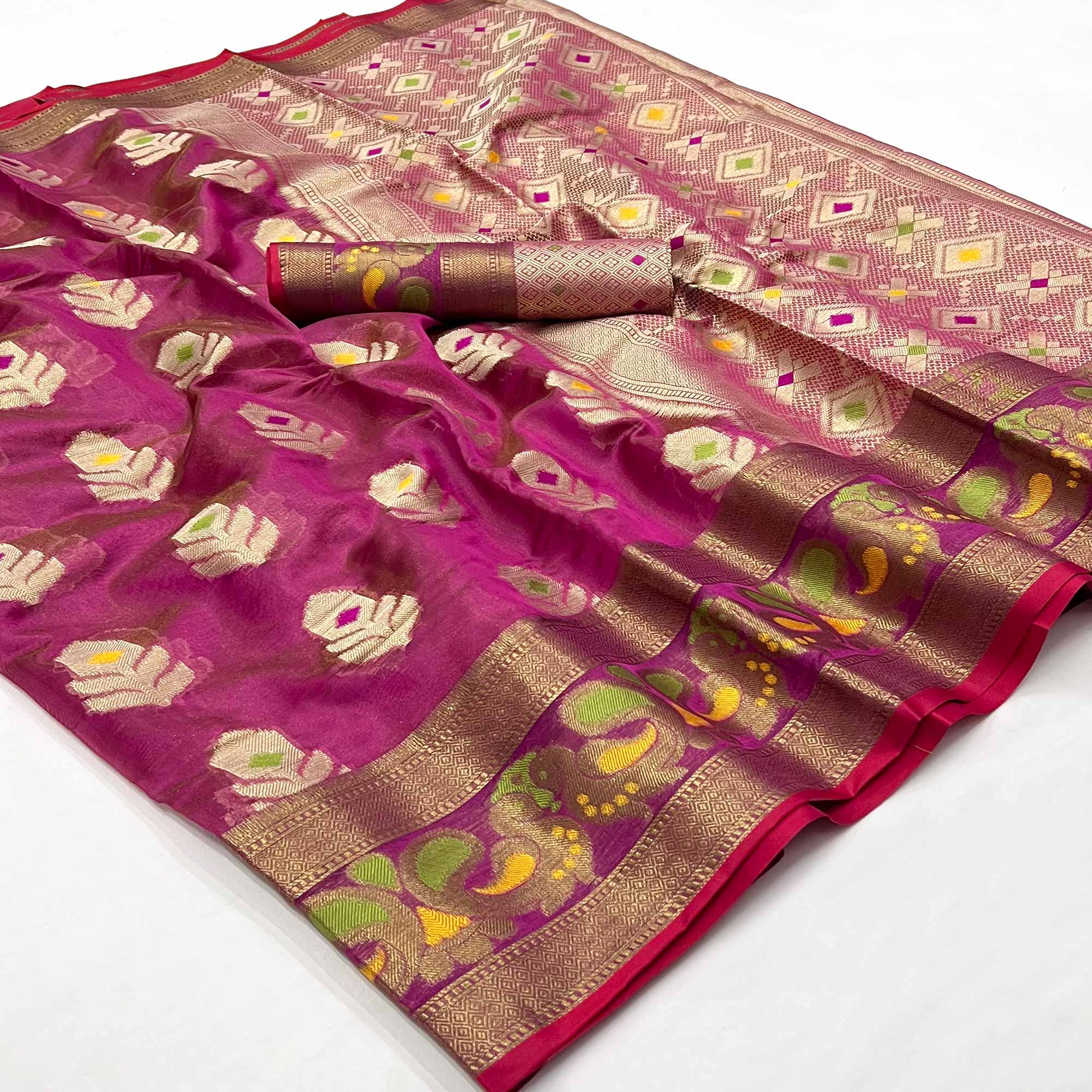 Peachmode Magenta Pink Woven Jacquard Saree – Women's