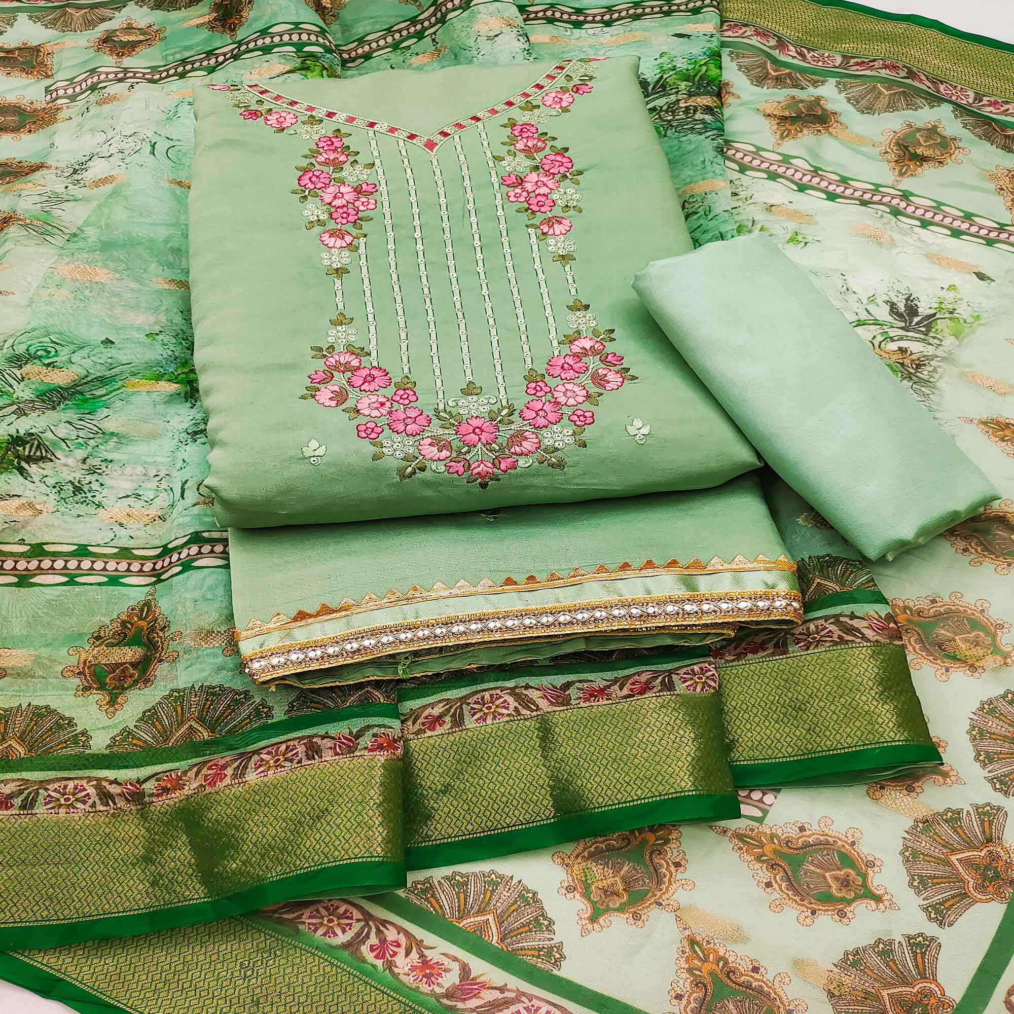 Green dress materials (unstitched) – BlackTree green-floral-sequins-embroidered-chanderi-silk-dress-material-1