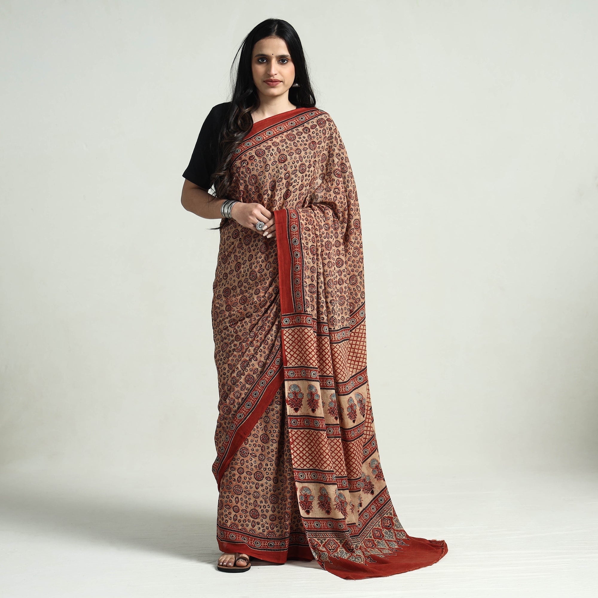 KACHCHH JI CHHAAP Brown - Block Printed Mul Cotton Ajrakh Saree