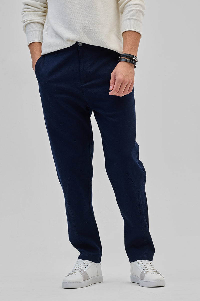 SNITCH Navy Textured Relaxed Fit Trousers