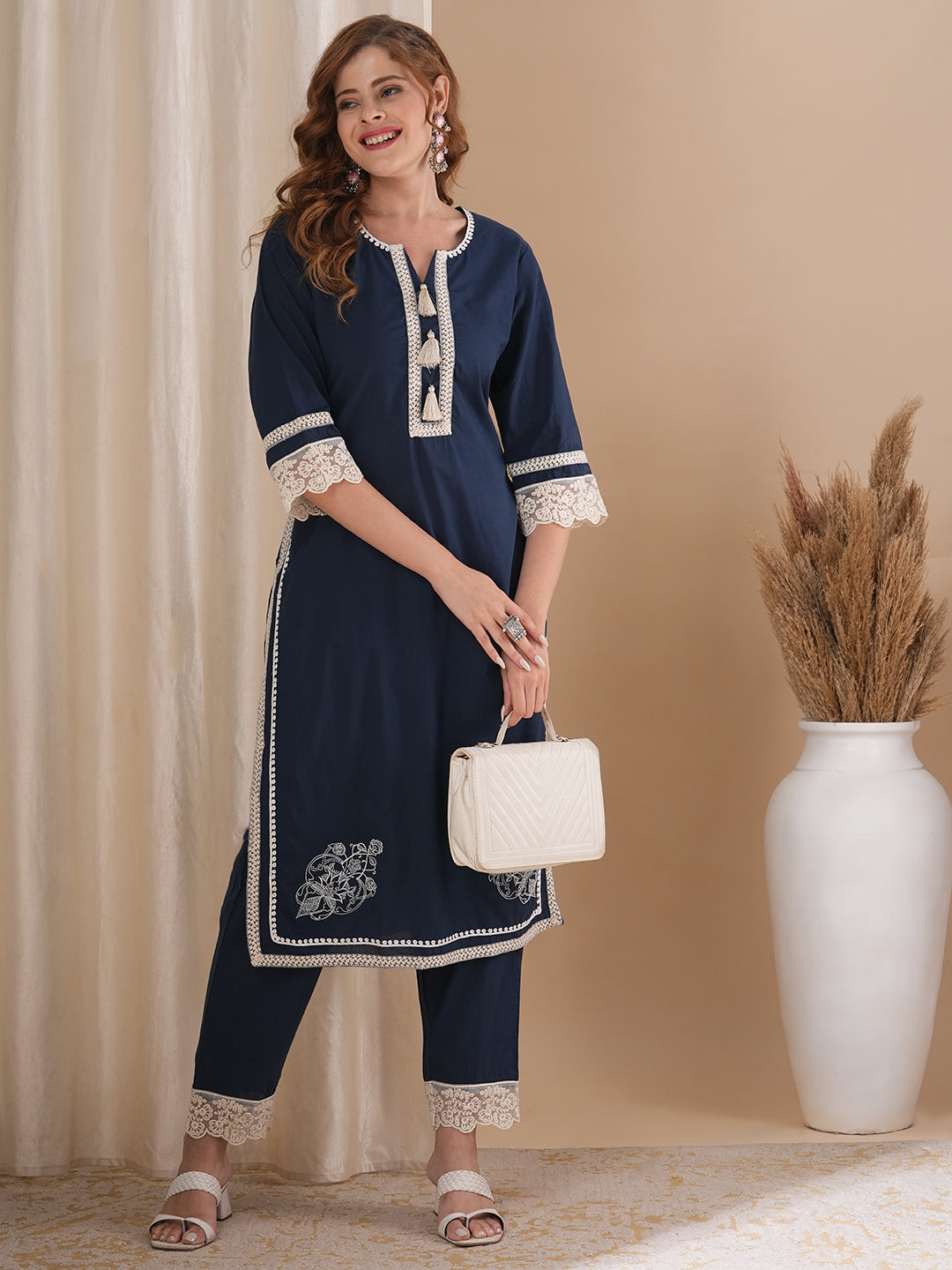 FASHOR Solid Ethnic Embroidered Straight Fit Co-ord Set - Navy Blue