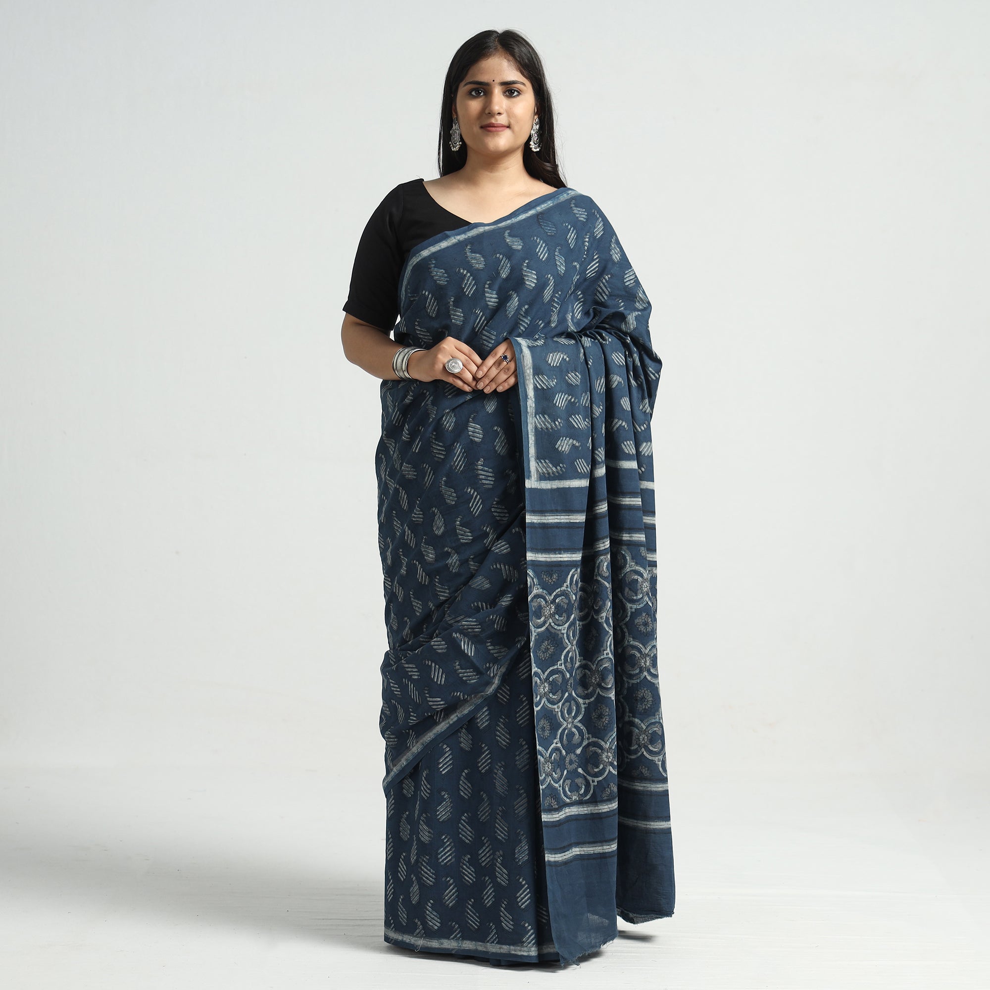 HAVELI CHRONICLES Blue - Akola Hand Block Printed Cotton Saree