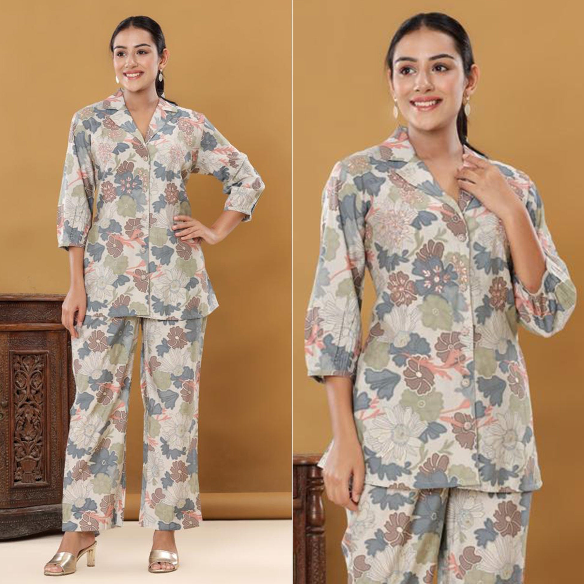 Peachmode Grey Printed Muslin Co Ord Set